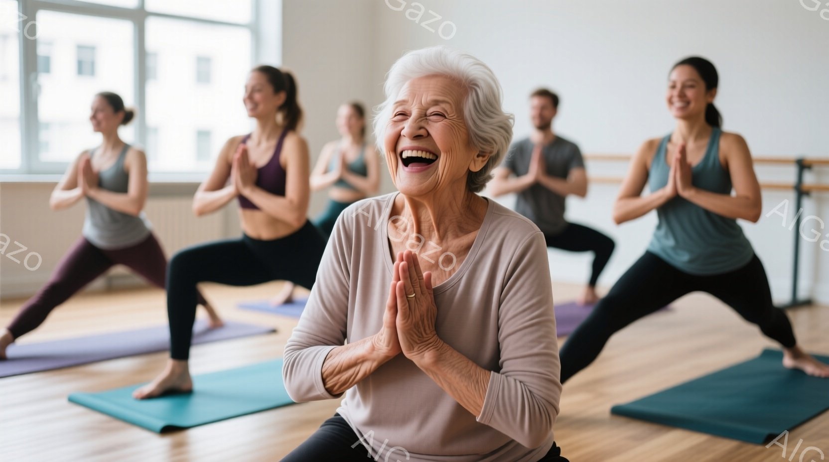 ヨガマットの上でポーズをとる人々のグループが写っています。年配の女性は、膝を曲げて座り、両手を胸の前で合わせ、笑顔を見せています。背景は木製の床と壁で、明るく清潔なヨガスタジオの雰囲気です。 - AI生成フリー素材