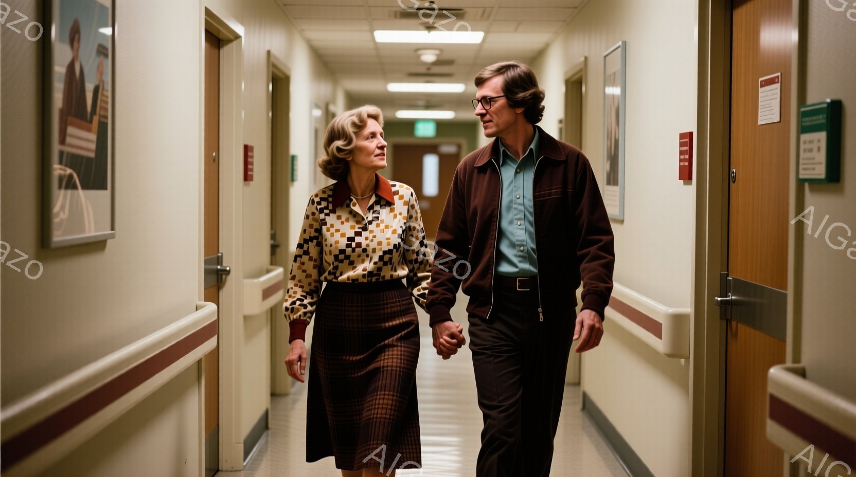 病院の廊下を歩く女性と男性が写っている。女性は膝丈の茶色のスカートとオレンジと茶色の幾何学模様のブラウスを着ており、カールしたブロンドの髪をしている。男性は、濃い青のシャツに茶色のジャケット、そしてベ - AI生成フリー素材