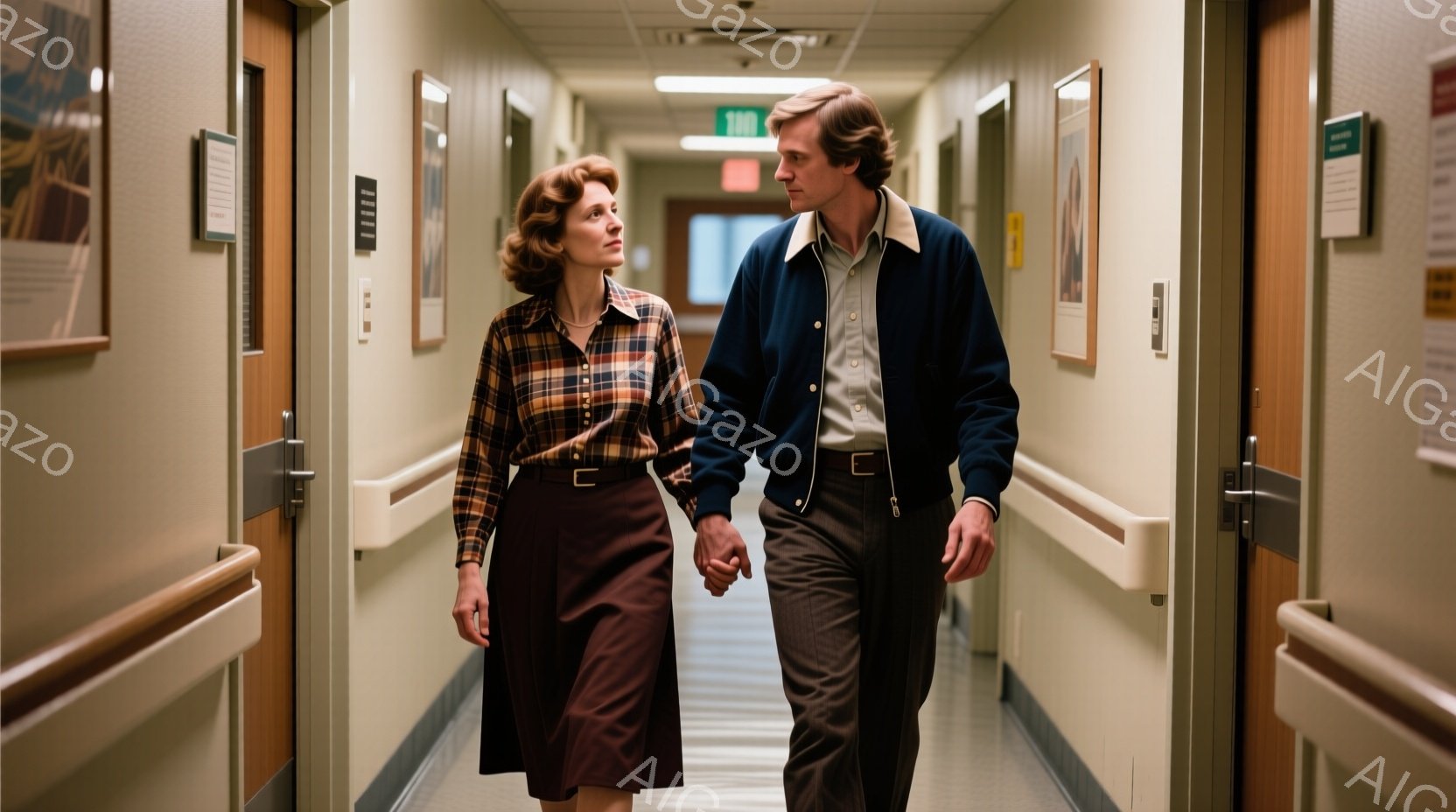廊下を男女が手をつないで歩いている。女性はチェック柄のシャツに茶色のスカート、男性はグレーのパンツに紺色のジャケットを着ており、どちらも少し古風なスタイルをしている。廊下の壁には絵が飾られ、病院や公共施設の雰囲気が漂う、少し寂しげな光景である。