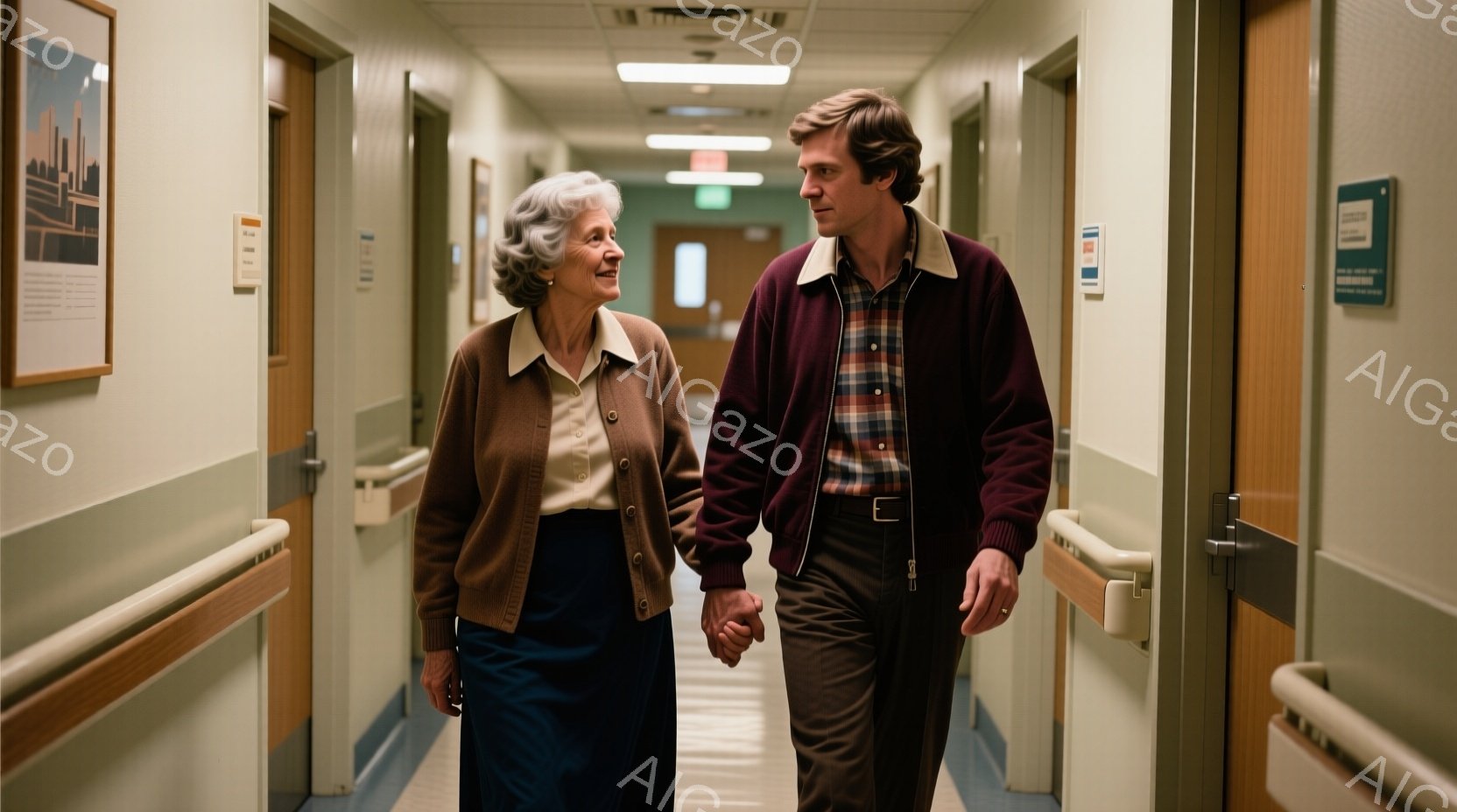 白髪の女性と若い男性が、病院のような廊下を並んで歩いている。女性はカーディガンとロングスカートを着用し、微笑みを浮かべている。男性はチェックのシャツに赤いジャケットを羽織り、やや緊張した表情で女性の手を握っている。