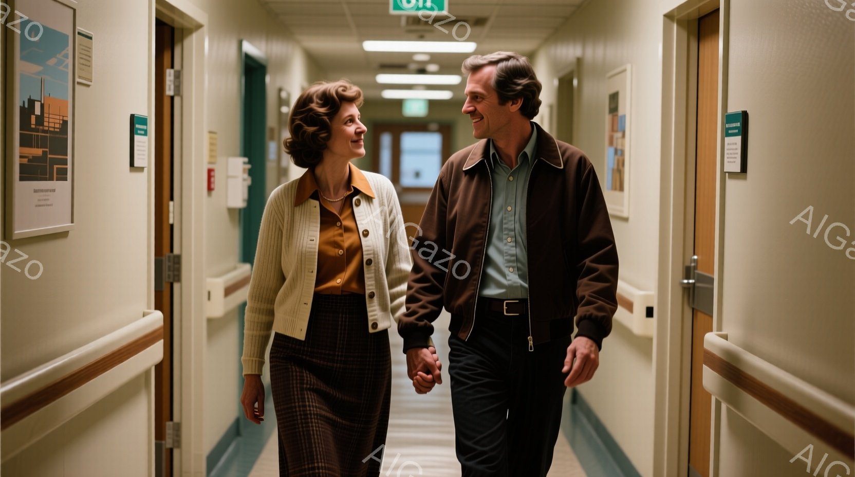 1970年代を彷彿とさせる女性は、チェック柄のスカートにオレンジ色のブラウス、そしてオフホワイトのカーディガンを着ており、髪はふんわりとしたカールヘアに整えられています。男性は、紺色のパンツにベルト、 - AI生成フリー素材