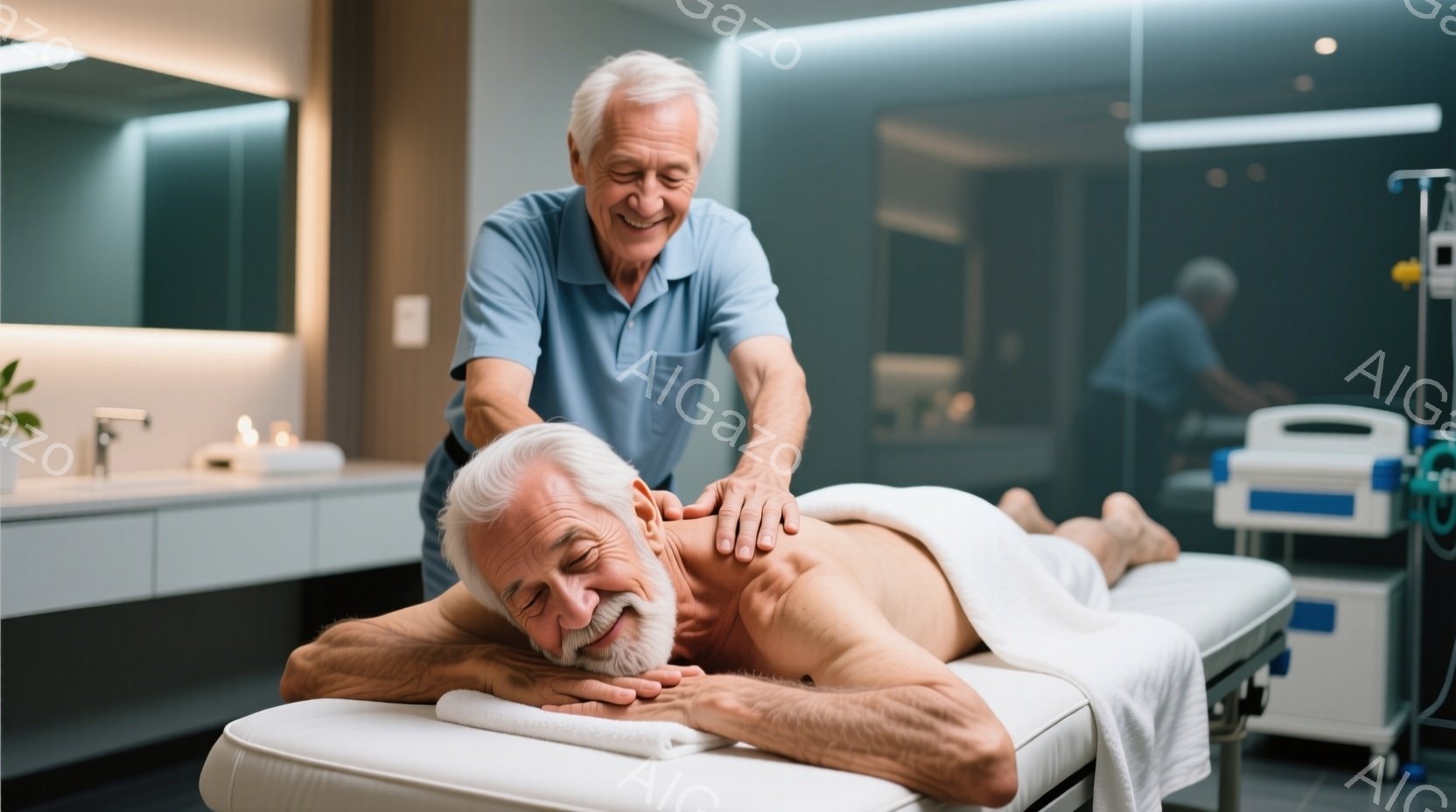 白髪の男性がマッサージベッドに仰向けになり、リラックスした表情で目を閉じています。別の白髪の男性が彼の背中をマッサージしており、両者とも笑顔で穏やかな雰囲気が漂っています。背景には洗面台や医療機器が見え、清潔感のある明るい室内で施術が行われているようです。