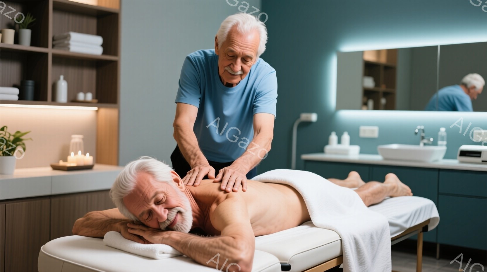 白髪でひげを生やした高齢男性がマッサージベッドにうつ伏せになり、別の白髪の高齢男性が背中をマッサージしている。背景には白い棚と洗面台があり、モダンで清潔なスパや治療室の雰囲気が漂っている。両者ともリラックスした表情で、穏やかで健康的なライフスタイルを感じさせる。
