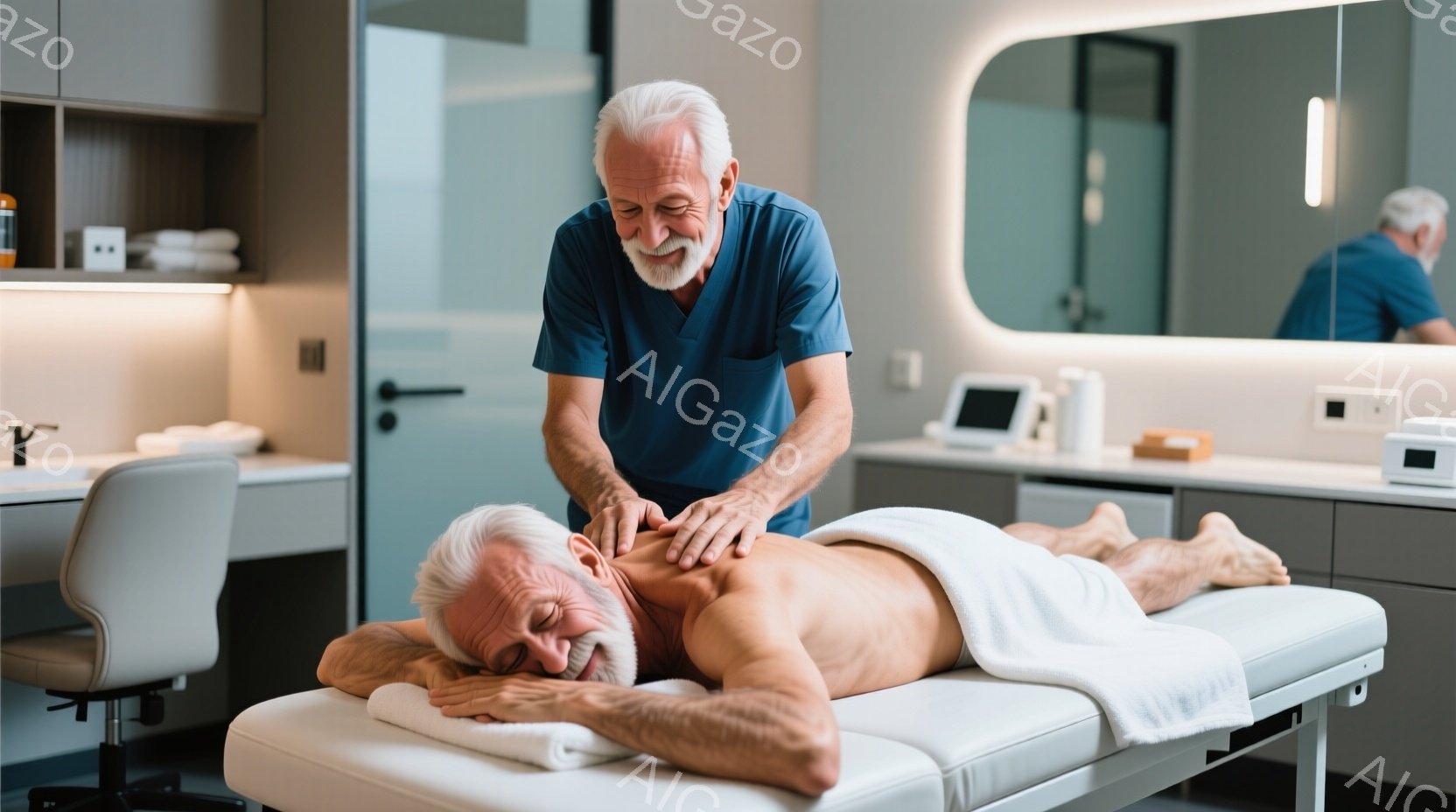白髪の男性が、白いマッサージベッドにうつ伏せになり、タオルで肩や背中を覆っています。もう一人の白髪の男性が青いスクラブを着て、うつ伏せになっている男性の背中をマッサージしています。背景には明るい色の収納棚と鏡があり、清潔で落ち着いた雰囲気の室内であることがわかります。