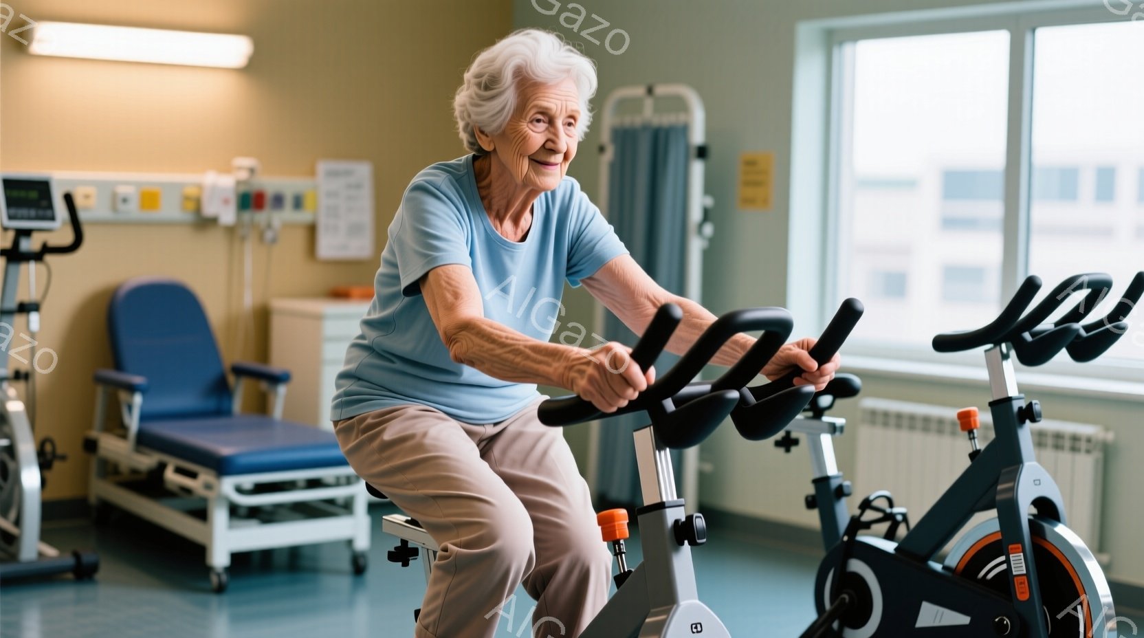 白髪の老婦人が、フィットネスバイクに乗って運動しています。彼女は水色のTシャツとベージュのズボンを着用し、少し微笑んでいる表情をしています。背景には医療機器やベッドが見え、リハビリテーションセンターのような室内で、健康的な生活を送るための運動に取り組んでいる様子が伺えます。