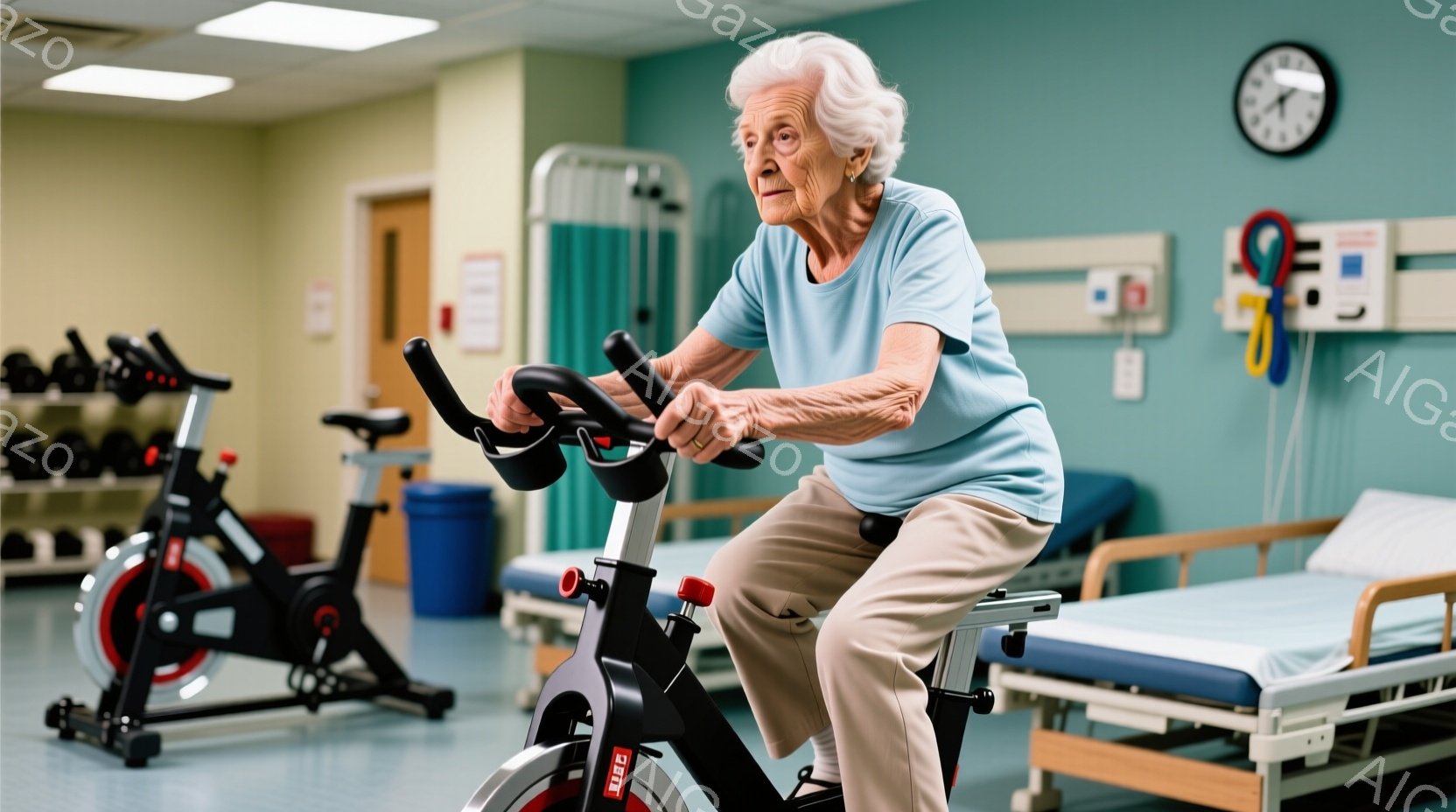 白髪の女性が、リハビリテーションセンターのような場所でエアロバイクに乗っています。彼女は水色の半袖シャツとベージュ色のズボンを着用しており、やや真剣な表情でペダルを漕いでいます。背景には他のエアロバイク、ベッド、医療機器が見え、室内は明るく清潔な雰囲気です。