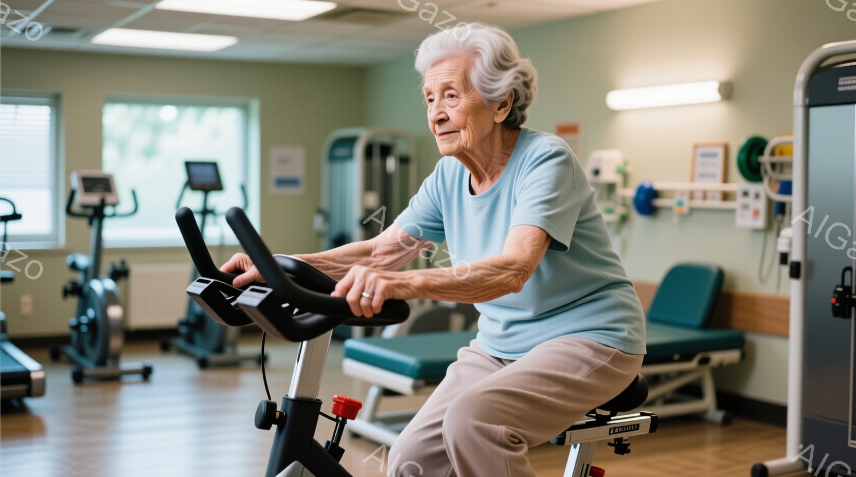 白髪の女性が、フィットネスバイクに乗り、運動をしている様子が写っている。彼女は水色のTシャツとベージュのズボンを着用し、前向きな表情でペダルを漕いでいる。背景には、他の運動器具や医療機器が見え、リハビリ施設のような、清潔で明るい室内であることがわかる。