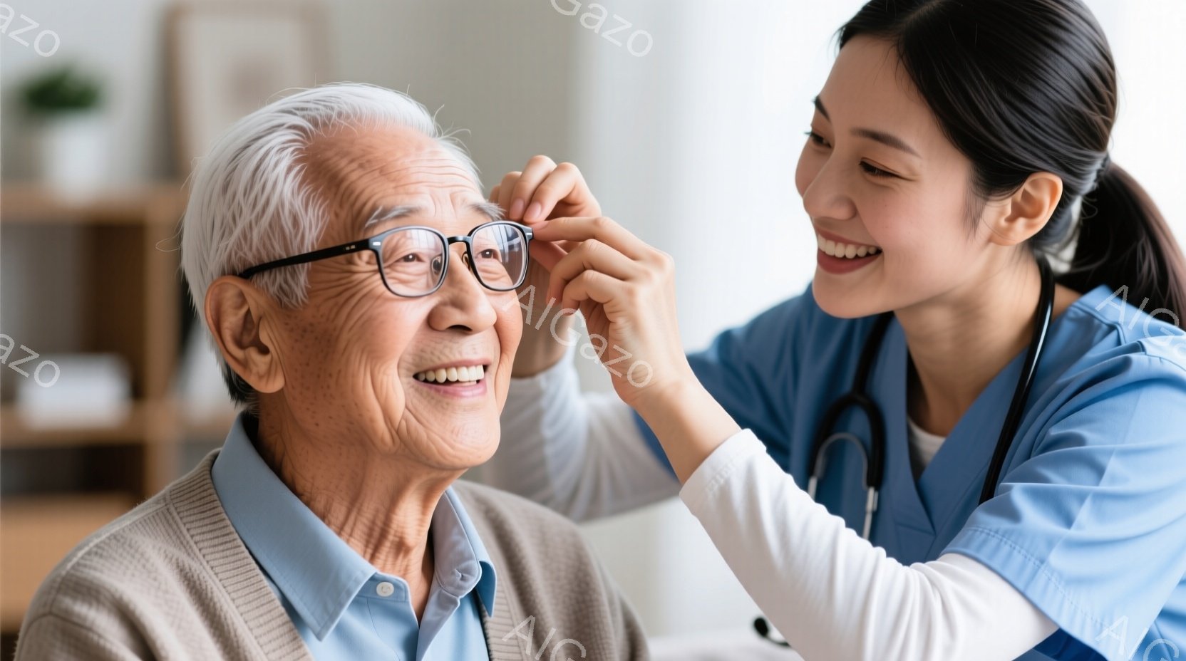 左画面には老人が微笑しており、右画面では女性看護師がその髪を広げ、温かな表情で彼を手当てしています。両者の喜びと信頼関係が明確に感じられます。