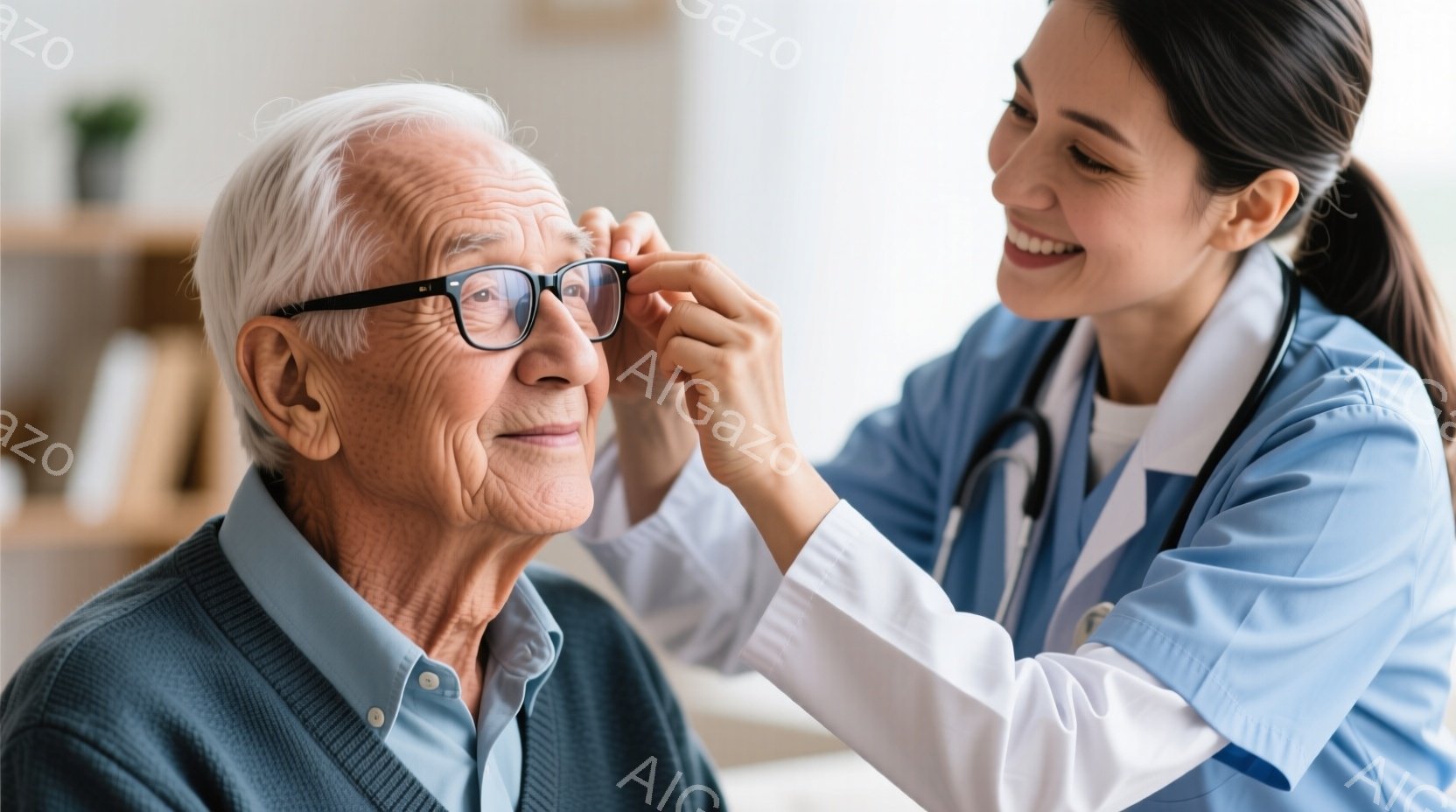 白髪の老紳士は、ブルーのセーターとシャツを着ており、メガネをかけて穏やかな表情を浮かべています。若い女性医療従事者は、白衣を着て笑顔で老紳士のメガネを調整しています。背景には、ぼやけた室内空間があり、暖かく親しみやすい雰囲気を醸し出しています。