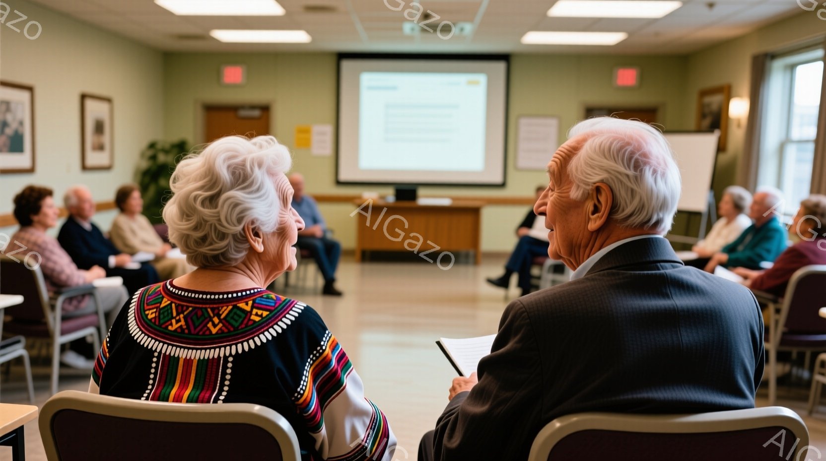 参加者たちは、明るい部屋に円形に並んだ椅子に座り、前方に見えるスクリーンを見つめています。年配の女性は、カラフルな民族模様のトップスを着ており、男性はダークスーツ姿でメモを取っています。背景には、シンプルな装飾が施された壁と、自然光が入る窓があり、穏やかで静かな雰囲気です。