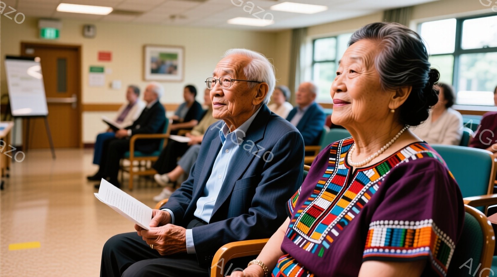 年配の男女が椅子に座り、何かに集中している様子が写っています。男性は紺色のスーツに白いシャツを着ており、女性は紫色の民族調のトップスにネックレスを身につけています。会場は明るく、他の参加者も座っており、講演会や会議のようなフォーマルな雰囲気が漂っています。