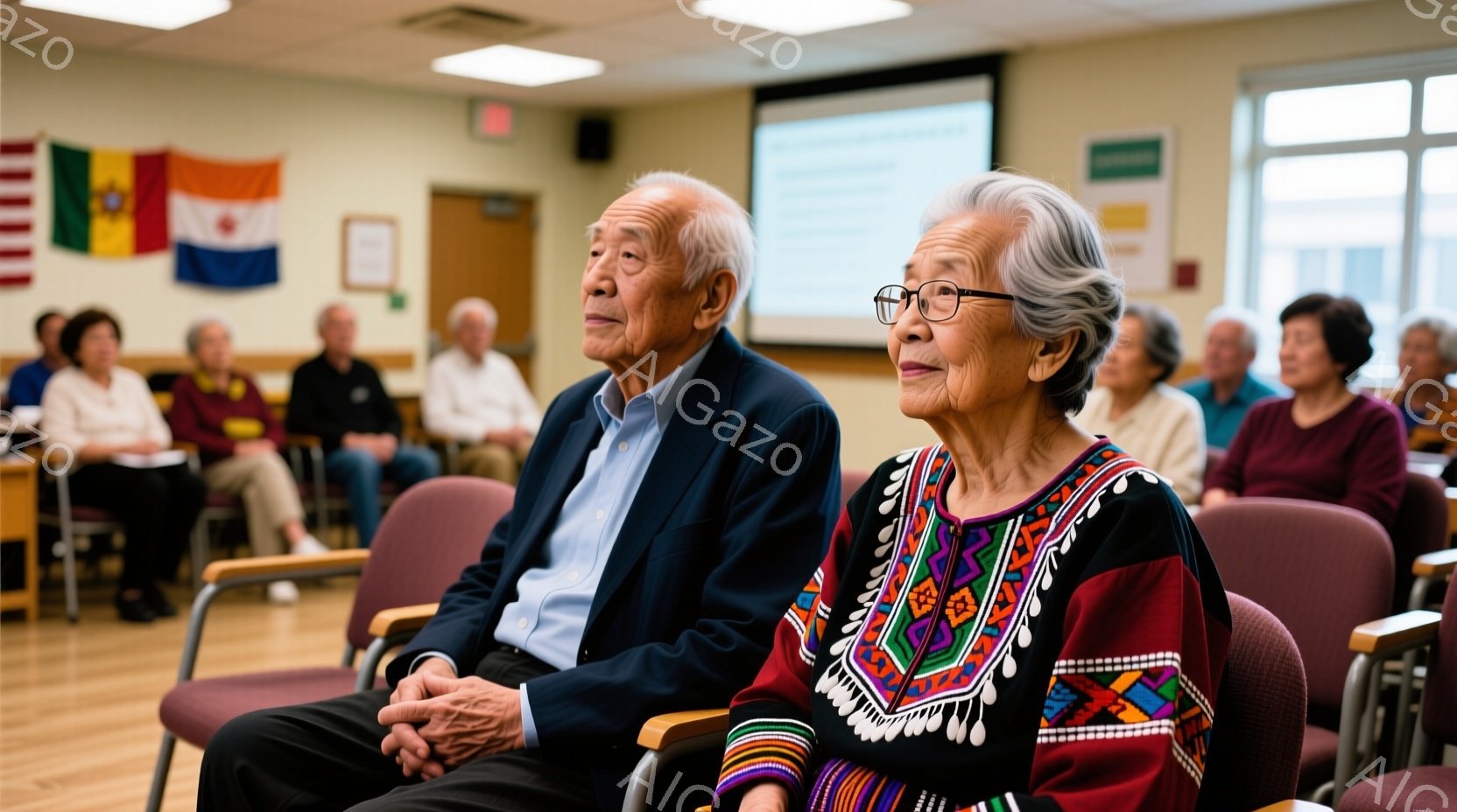 年配の男女が椅子に座り、何かを見ている様子が写っています。男性は濃い青のジャケットを着用し、女性は民族調の刺繍が施された赤いジャケットを着ています。背景には他の参加者と旗が並び、会場全体は落ち着いた雰囲気です。