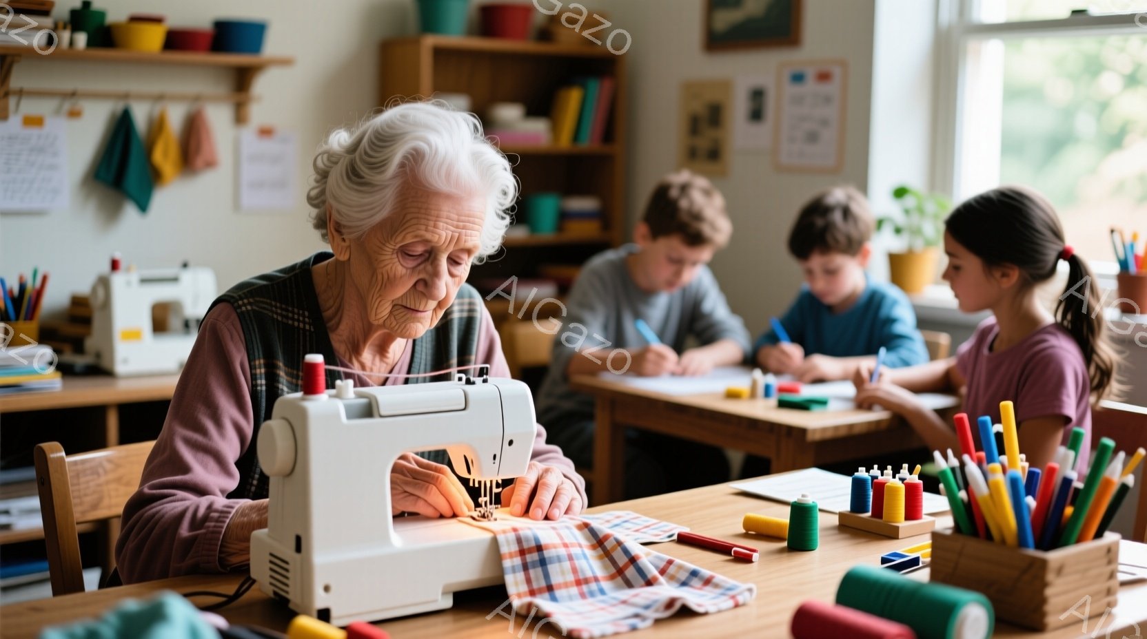 白髪の老婦人がミシンを使ってチェック柄の布を縫っています。彼女はベストを着ており、集中した表情で作業に取り組んでいます。背景には、机で勉強している子供たちがおり、明るい教室で温かく穏やかな雰囲気です。