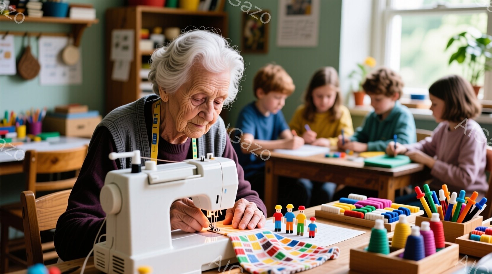 白髪で皺の多い女性がミシンを使って布を縫っています。彼女は赤いセーターを着ており、集中した表情で作業に取り組んでいます。背景には、カラフルな積み木や画材に囲まれた子供たちが座り、明るく活気のある教室の雰囲気が伝わってきます。