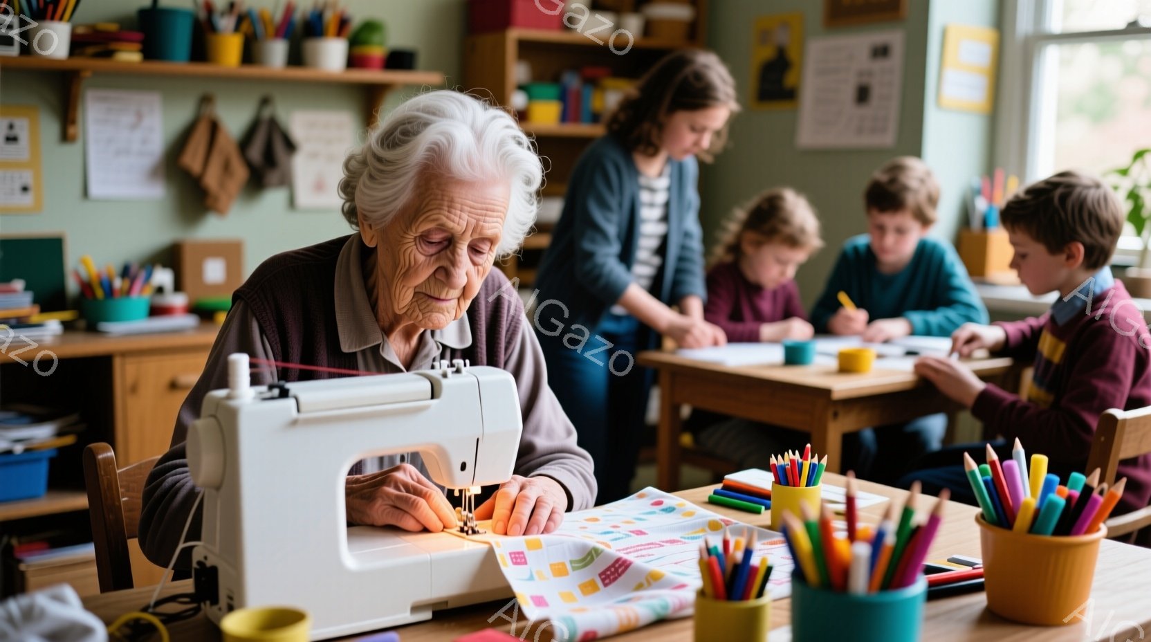 白髪の女性がミシンを使って布を縫っています。彼女は集中した表情で、作業に没頭しているようです。背景には、子供たちが机で勉強している様子が見え、カラフルな画材や教材が置かれた明るい教室の様子が伺えます。