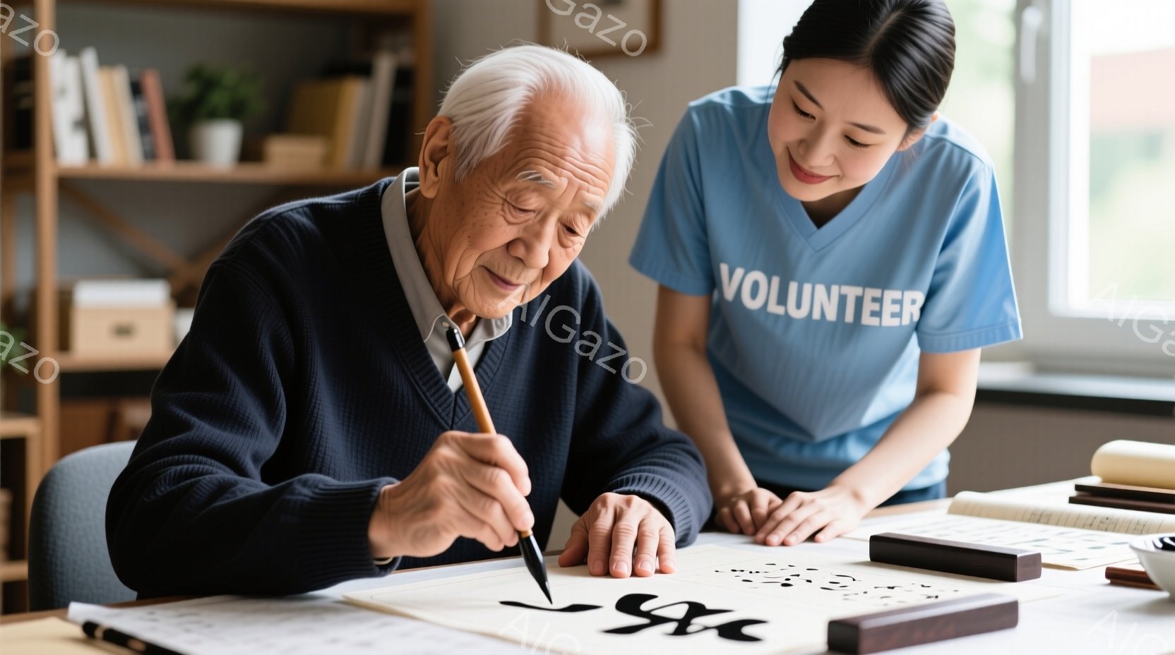 白髪の高齢男性が書道をしています。紺色のセーターを着ており、集中した表情で筆を操っています。若い女性は水色のボランティアTシャツを着て、彼を見守り、サポートしているようです。