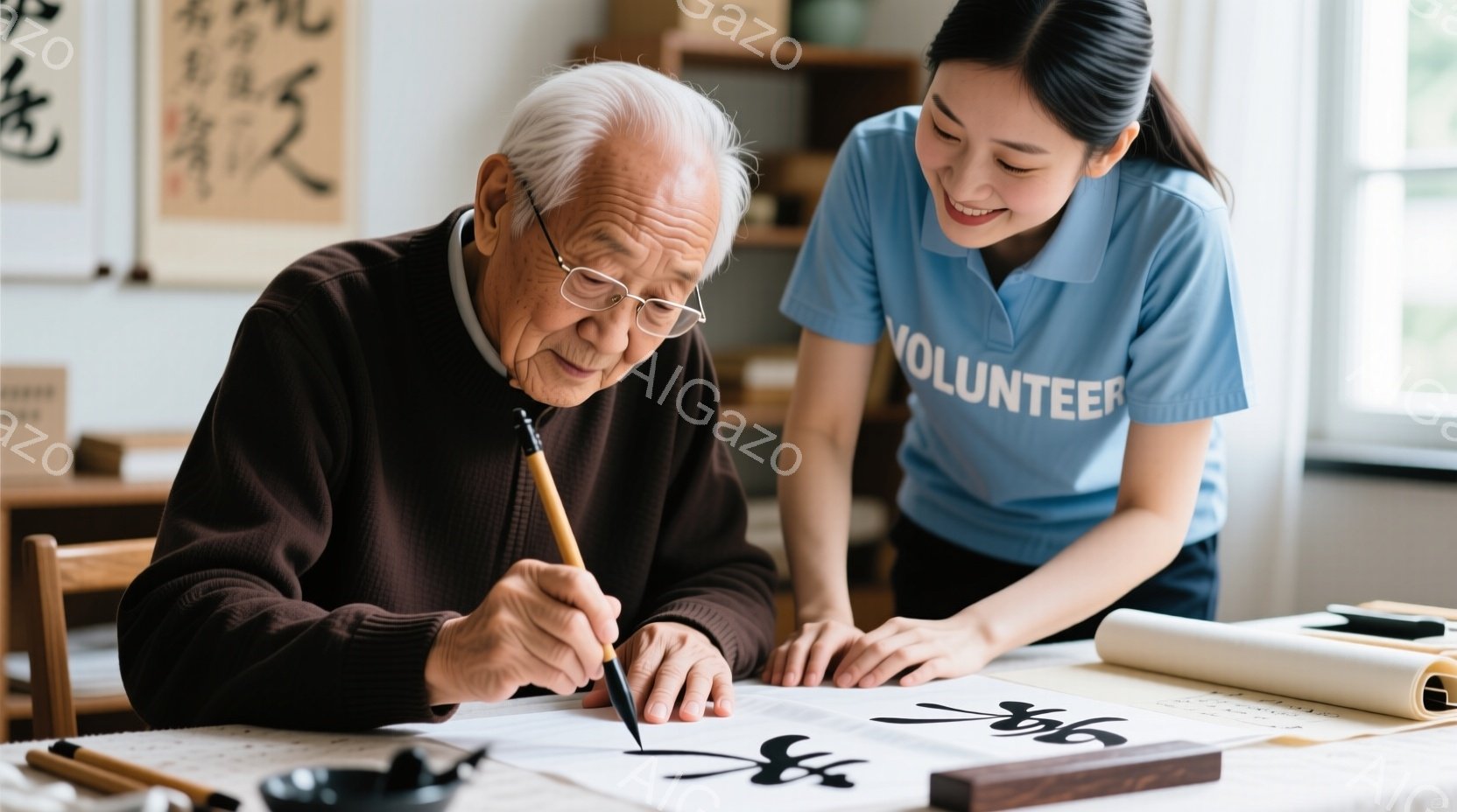 高齢の男性が書道をしています。彼は茶色のセーターを着ており、眼鏡をかけて集中した表情で筆を走らせています。若い女性はボランティアのユニフォームを着て、彼の書道を見ながら微笑んでいます。