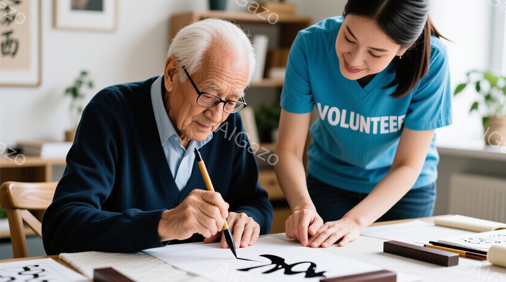 白髪で眼鏡をかけた高齢男性が、書道の練習をしている様子が写っている。彼は紺色のセーターを着ており、真剣な表情で筆を操っている。若い女性はボランティアと書かれた青いTシャツを着て、男性の隣で優しく指導している様子が伺える。