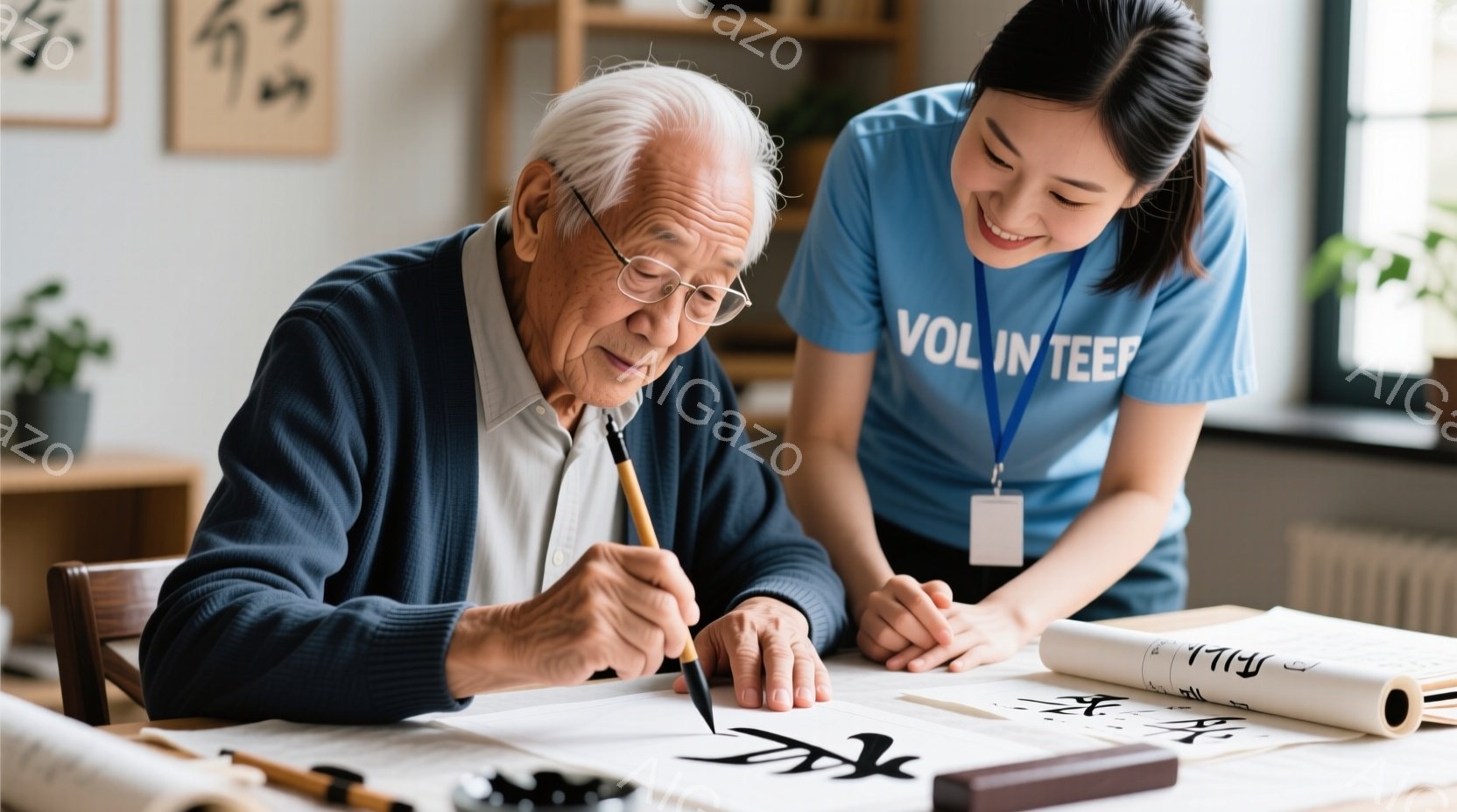 白髪の高齢男性が書道に取り組んでいます。彼は紺色のセーターを着ており、集中した表情で筆を走らせています。若い女性は青いTシャツを着て、彼を見守り微笑んでおり、背景には書道用の道具や掛け軸が見え、温かく穏やかな雰囲気が漂っています。
