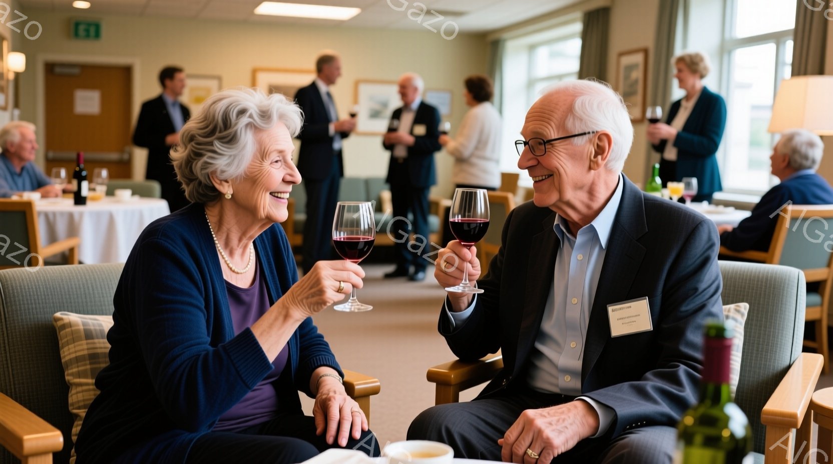 豪華な室内で、上品な女性と紳士がワイングラスを手に笑顔で向かい合っている。女性は紫色のセーターを着ており、短い灰色の髪をしている。紳士は濃い紺色のスーツを着て、微笑みながらワイングラスを掲げている。