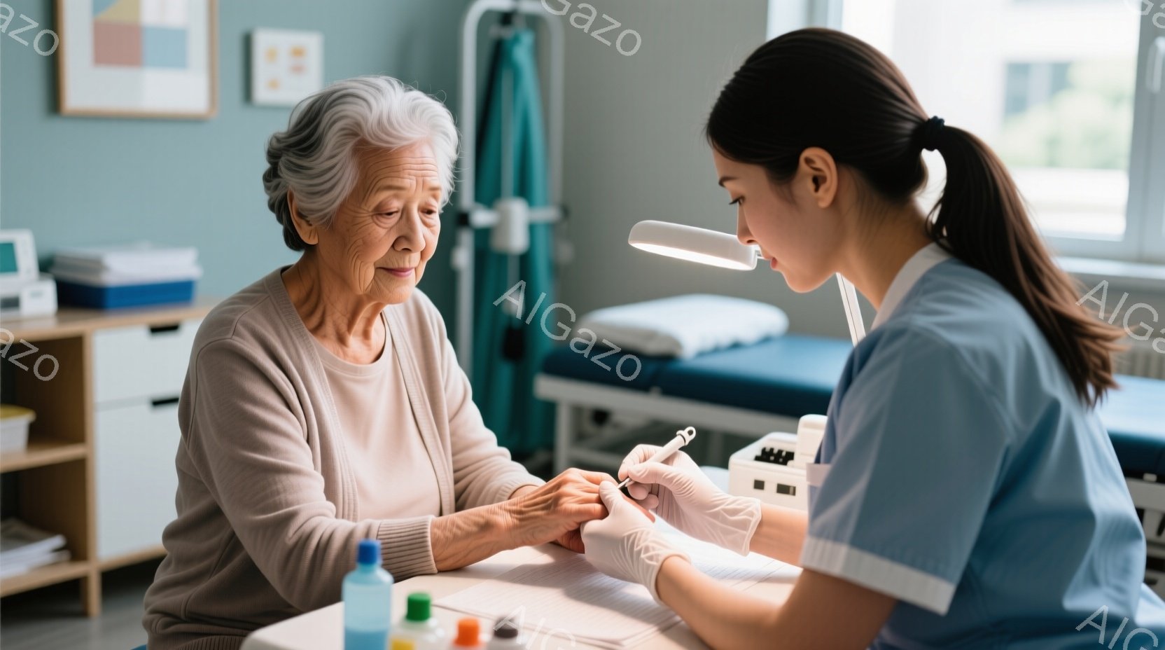 白髪の女性が薄いグレーのセーターを着て椅子に座っており、穏やかな表情で手を前に出しています。若い医療従事者が青いスクラブを着て、白い手袋を着用し、女性の手の爪の手入れをしています。背景には医療機器と白いベッドがあり、明るい室内で落ち着いた雰囲気が漂っています。