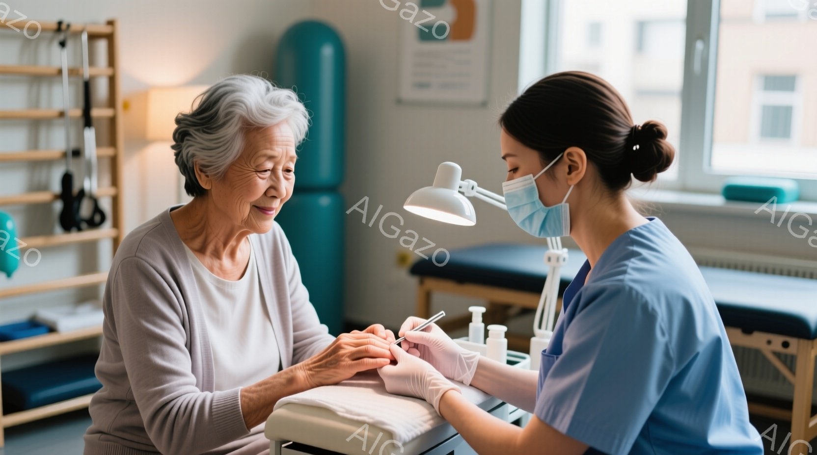 白髪の高齢女性が椅子に座り、手を前に出しています。医療従事者と思われる若い女性が、彼女の爪にマニキュアを塗っています。背景には医療機器やベッドがあり、明るく清潔な医療施設の雰囲気です。