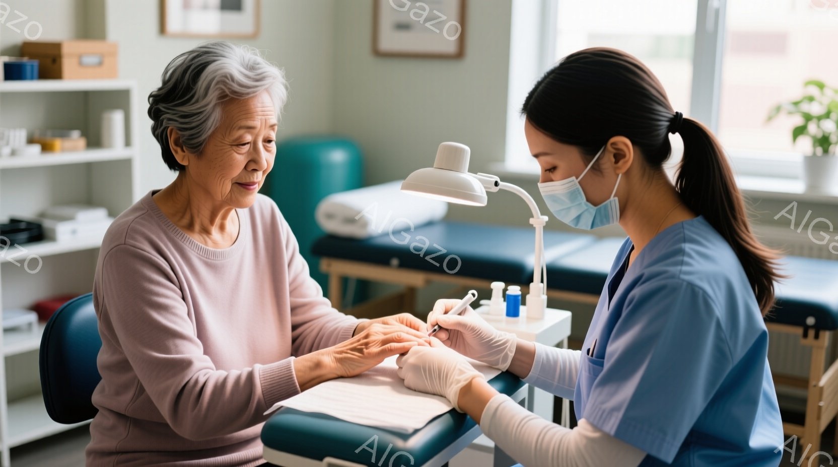白髪の女性がピンク色のセーターを着て椅子に座り、医療従事者の女性が彼女の手にマニキュアを塗っています。医療従事者は水色の制服を着てマスクをしており、集中して作業に取り組んでいます。背景には医療機器や棚が見え、室内は明るく清潔で、安心感のある雰囲気が漂っています。