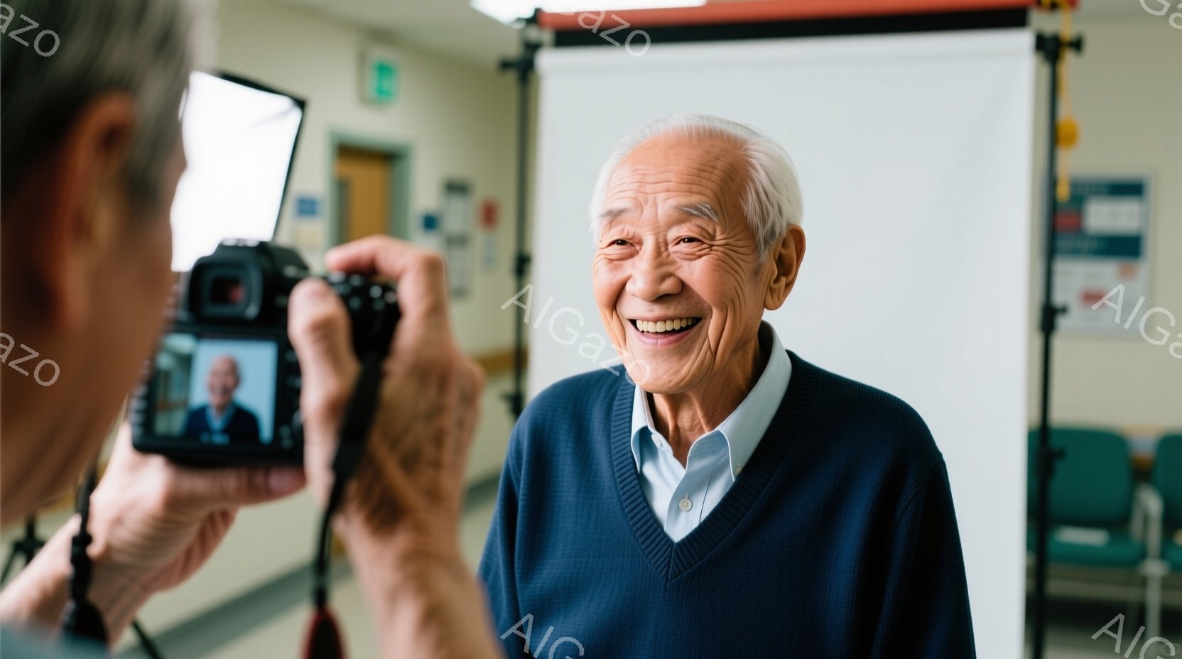 白髪の高齢男性が、笑顔でカメラに向かって立っています。青いセーターに薄い青いシャツを着ており、顔には深い皺が刻まれていますが、表情は非常に明るく、親しみやすいです。背景には白い壁と医療機関のような設備 - AI生成フリー素材