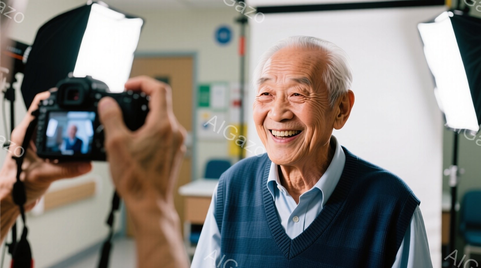 高齢の男性がカメラに向かって大きく微笑んでいます。彼は青いセーターベストと淡い青いシャツを着ており、白髪で穏やかな表情をしています。背景は病院の廊下のような場所で、医療機器と壁に掛けられたポスターが見え、撮影用のライトが設置されています。