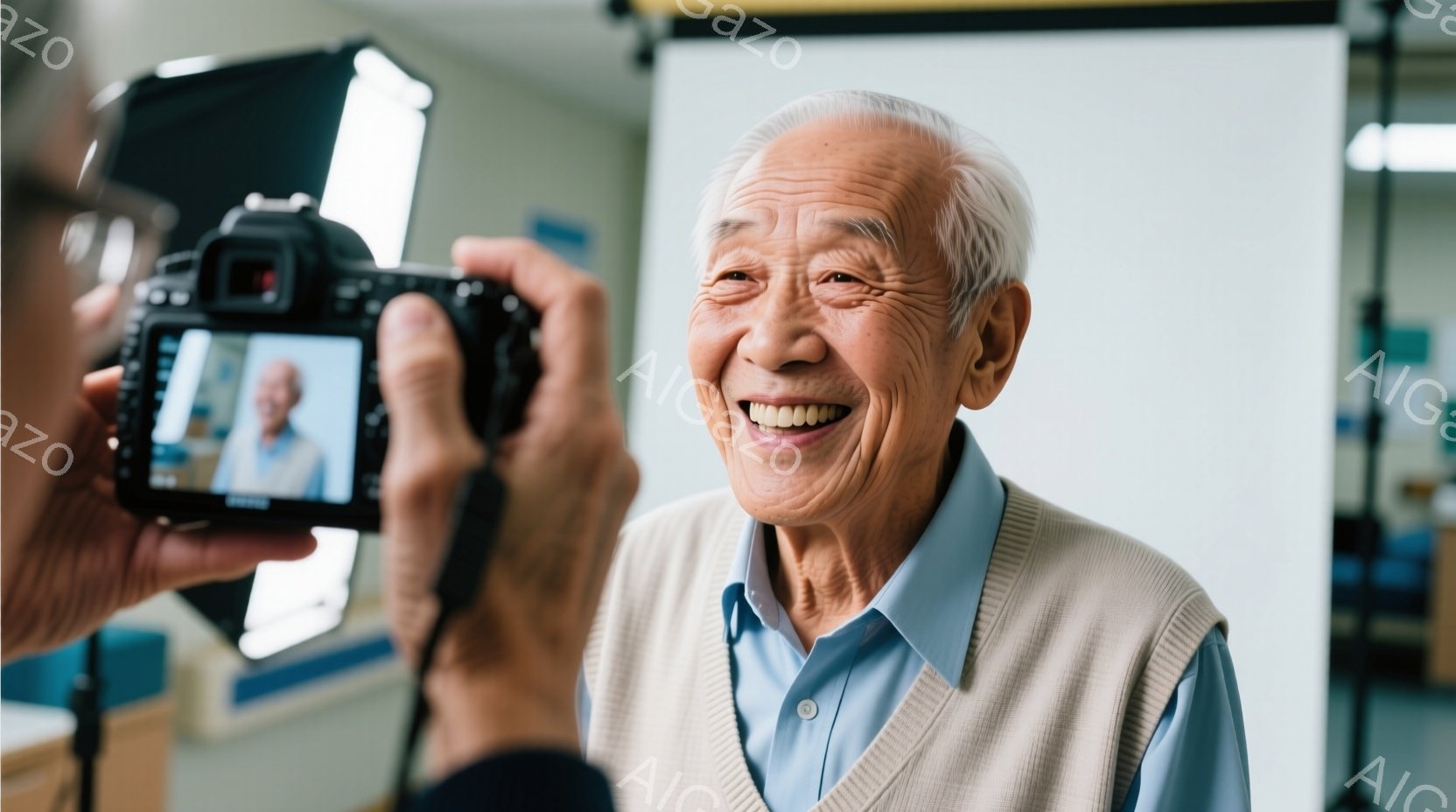 笑顔の高齢男性が写っている。彼は水色のシャツにベージュのベストを着ており、髪は白く短く整えられている。背景には白い背景布があり、左手にはカメラが向けられていることから、ポートレート撮影が行われている様子が伺える。