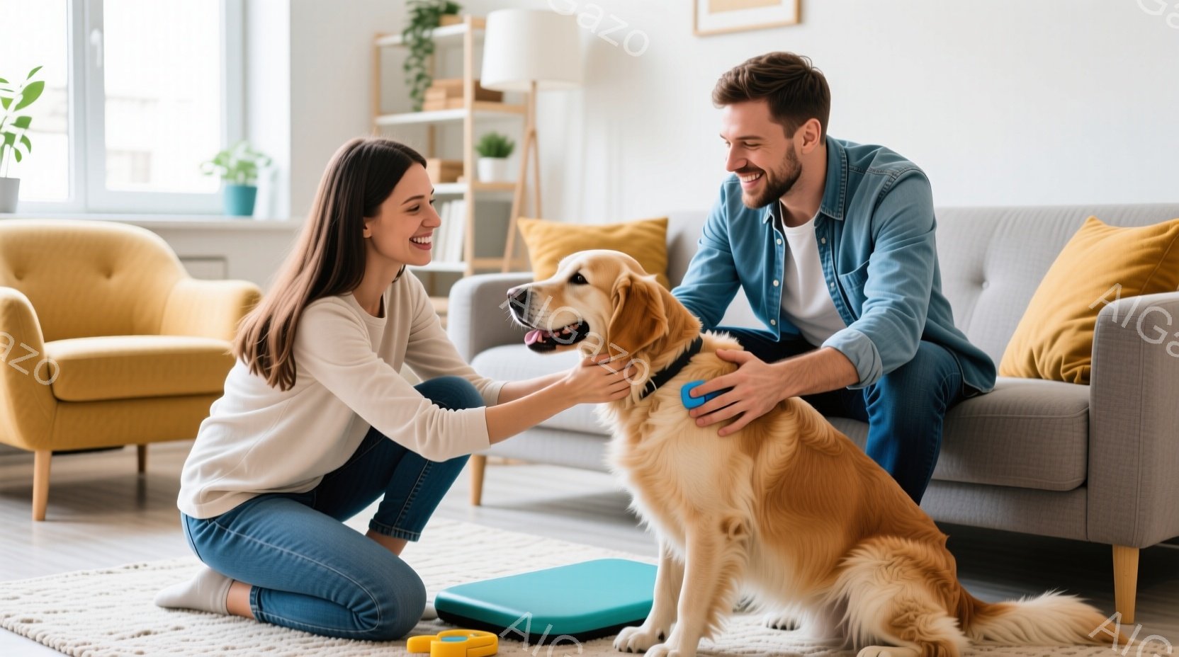 明るいリビングルームで、若い女性と男性がゴールデンレトリバーを撫でています。女性は白いセーターとジーンズを着用し、長い茶色の髪をしています。男性はデニムシャツを着ており、膝を曲げて犬を撫でています。犬 - AI生成フリー素材
