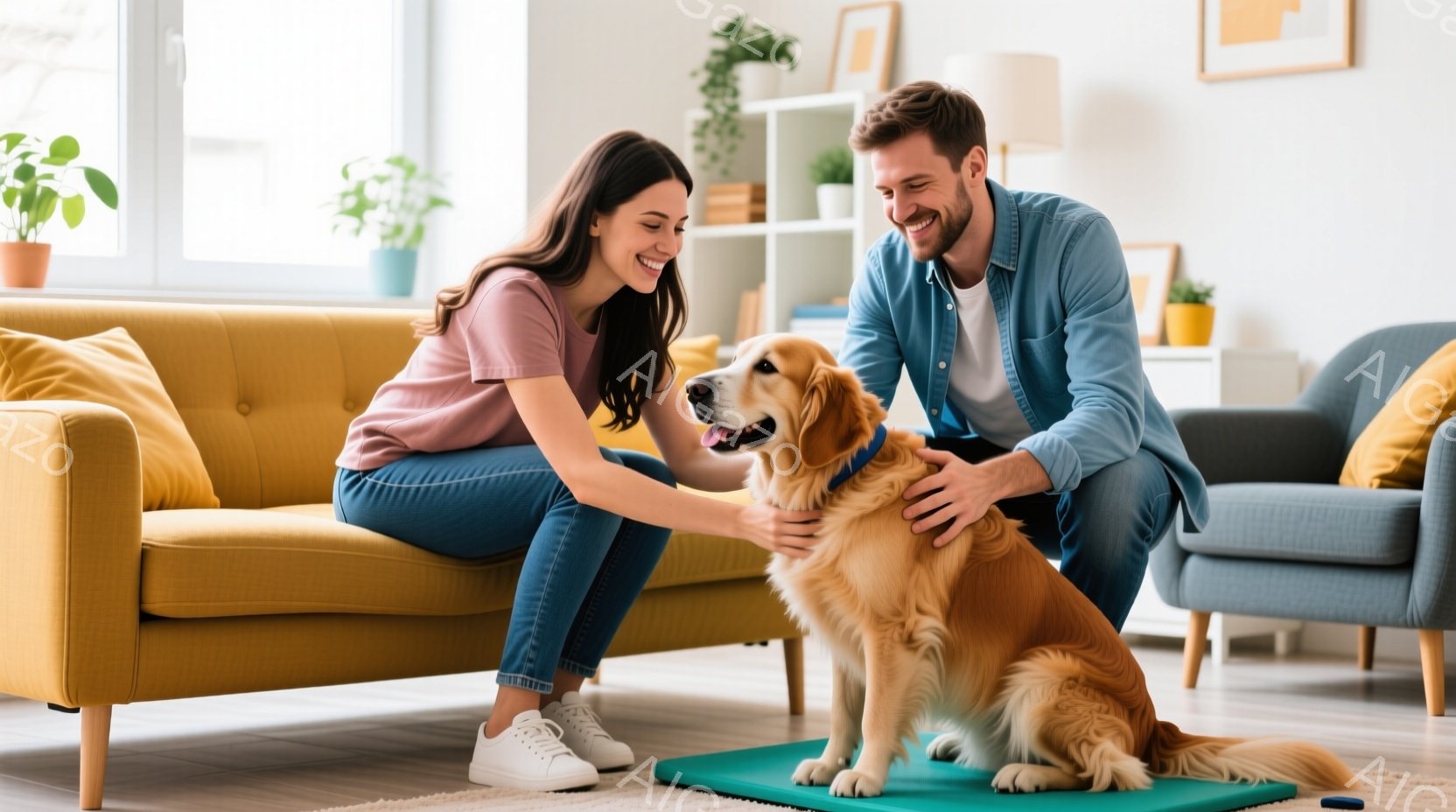 明るいリビングルームで、若い女性と男性がゴールデンレトリバーを優しく撫でています。女性はピンク色のTシャツとジーンズ、白いスニーカーを履き、長い茶色の髪を後ろに流しています。男性は明るい青いシャツを着 - AI生成フリー素材