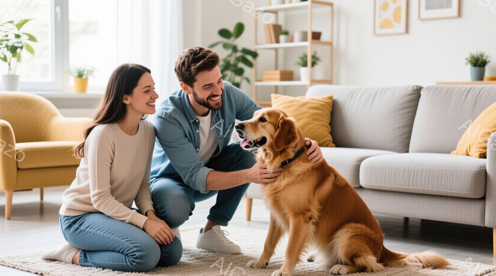 室内には、笑顔の若い女性と男性が座っており、その前には座ったゴールデンレトリバーがいる。女性はベージュ色のセーターとジーンズを着用し、長い茶髪を肩にかかっている。男性は明るい青色のシャツとジーンズを着 - AI生成フリー素材