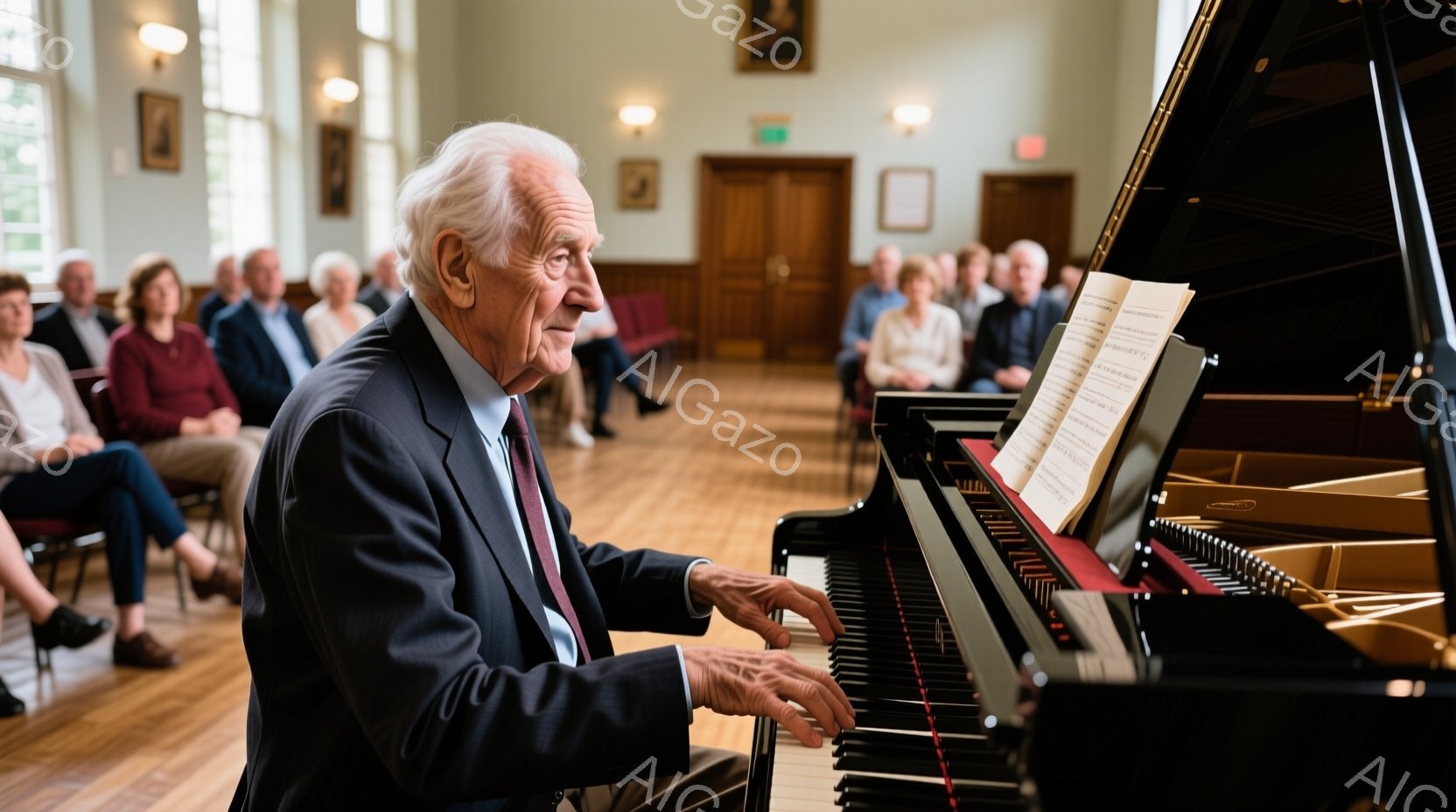 白髪で少ししわが寄った男性が、黒いグランドピアノを演奏している様子が描かれています。彼は濃い紺色のスーツに赤いネクタイを締め、真剣な表情で鍵盤を見つめています。背景には、椅子に座って音楽を鑑賞する聴衆 - AI生成フリー素材