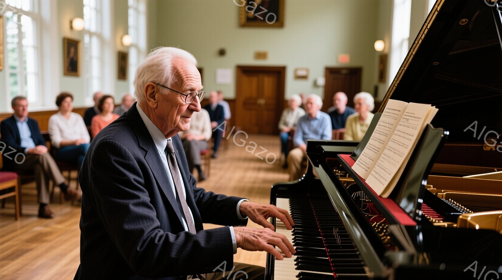 白髪で眼鏡をかけた高齢の男性が、黒いグランドピアノを弾いています。彼は濃い紺色のスーツとネクタイを着用し、真剣な表情で鍵盤を見つめています。背景には、穏やかな雰囲気の中でコンサートを鑑賞する人々が座っ - AI生成フリー素材