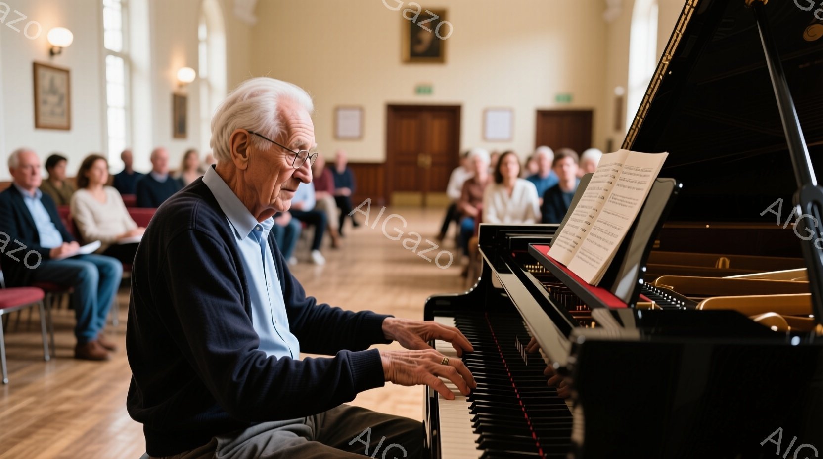 白髪の男性がコンサートホールでグランドピアノを弾いています。彼は紺色のセーターを着ており、真剣な表情で鍵盤を見つめています。背景には、椅子に座って演奏を鑑賞している聴衆がぼやけており、ホール全体が落ち着いた雰囲気に包まれています。