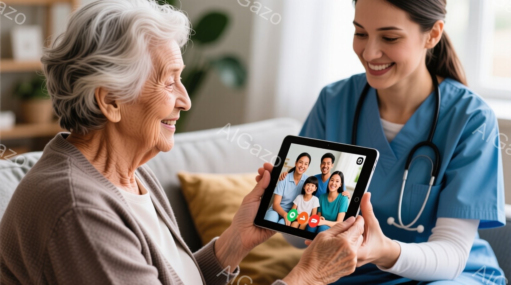 白髪の高齢女性が笑顔でタブレットを見つめており、若い女性の医療従事者がタブレットを提示しています。タブレットの画面には、笑顔の家族が映っており、医療従事者は水色のスクラブと聴診器を身につけています。背景には明るいリビングルームがあり、クッションと植物が配置され、温かく優しい雰囲気を醸し出しています。
