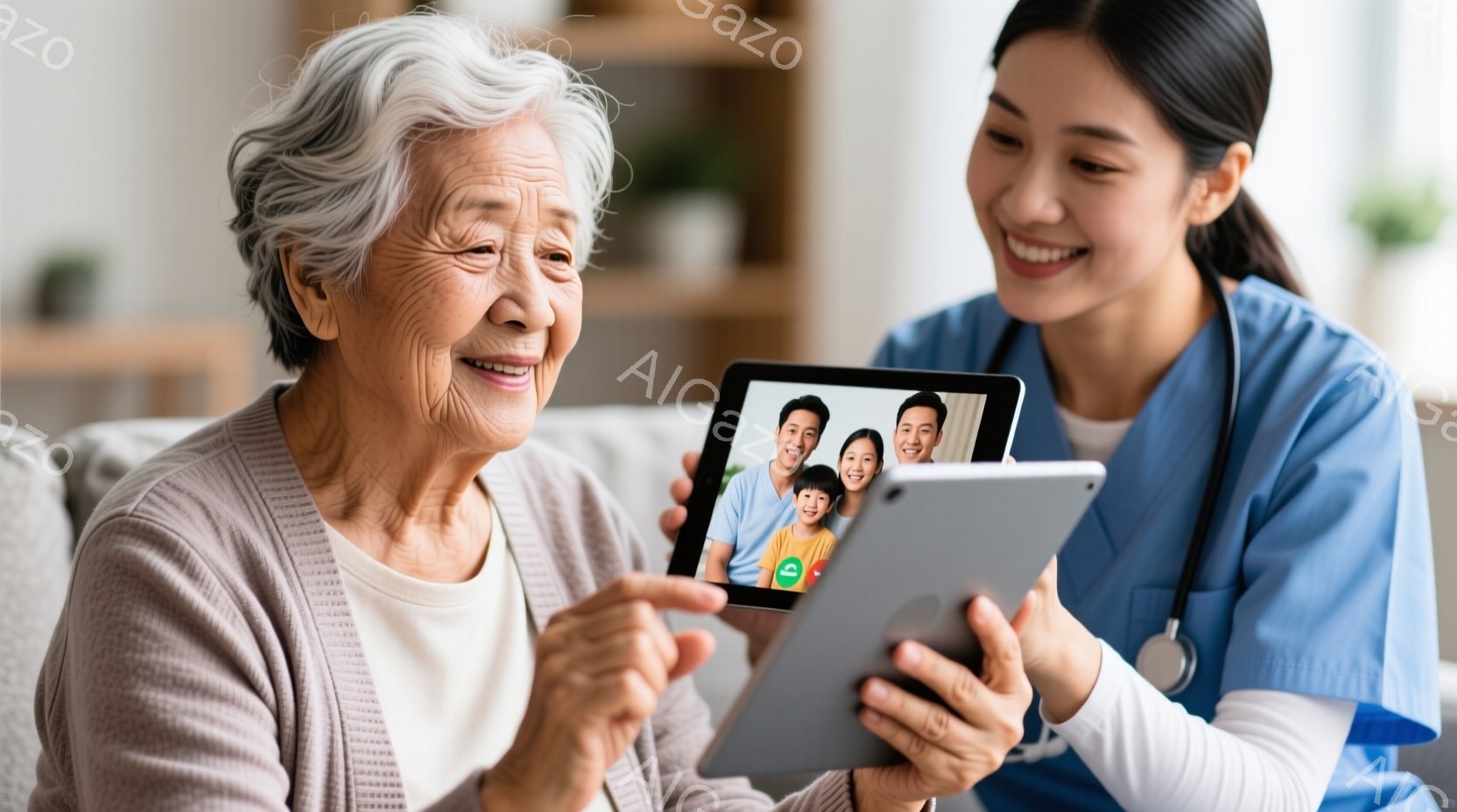 白髪で優しい表情の高齢女性が、タブレットを見つめて微笑んでいます。看護師と思われる若い女性が隣でタブレットを支え、同じように微笑んでいます。背景にはリビングルームの一部が見え、暖かく穏やかな家庭的な雰 - AI生成フリー素材