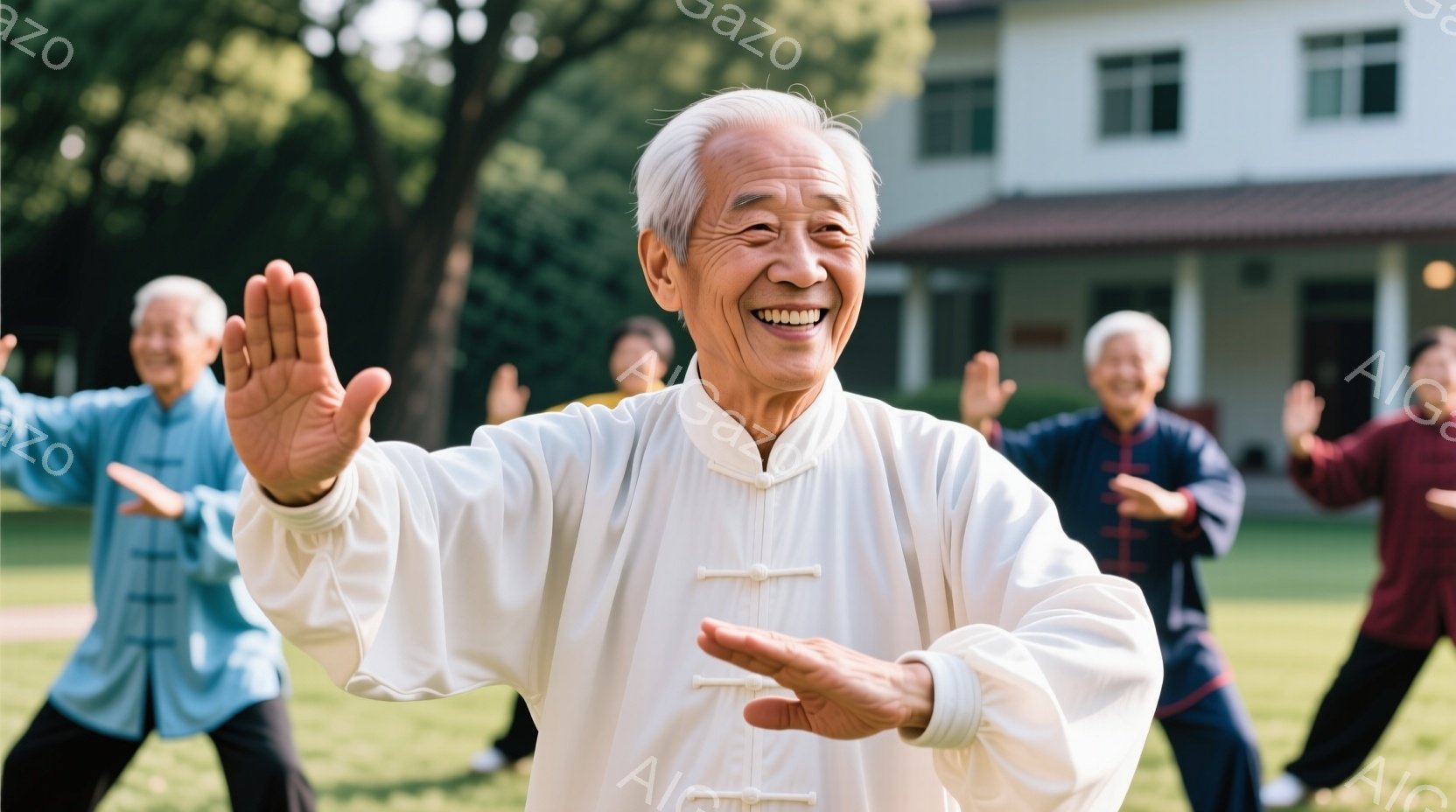 白い太極拳着を着た高齢男性が、公園で太極拳のポーズを取っています。彼は笑顔で、片手を高く上げ、もう片手は腰に添えています。背景には緑の芝生と建物があり、晴天で穏やかな雰囲気です。 - AI生成フリー素材