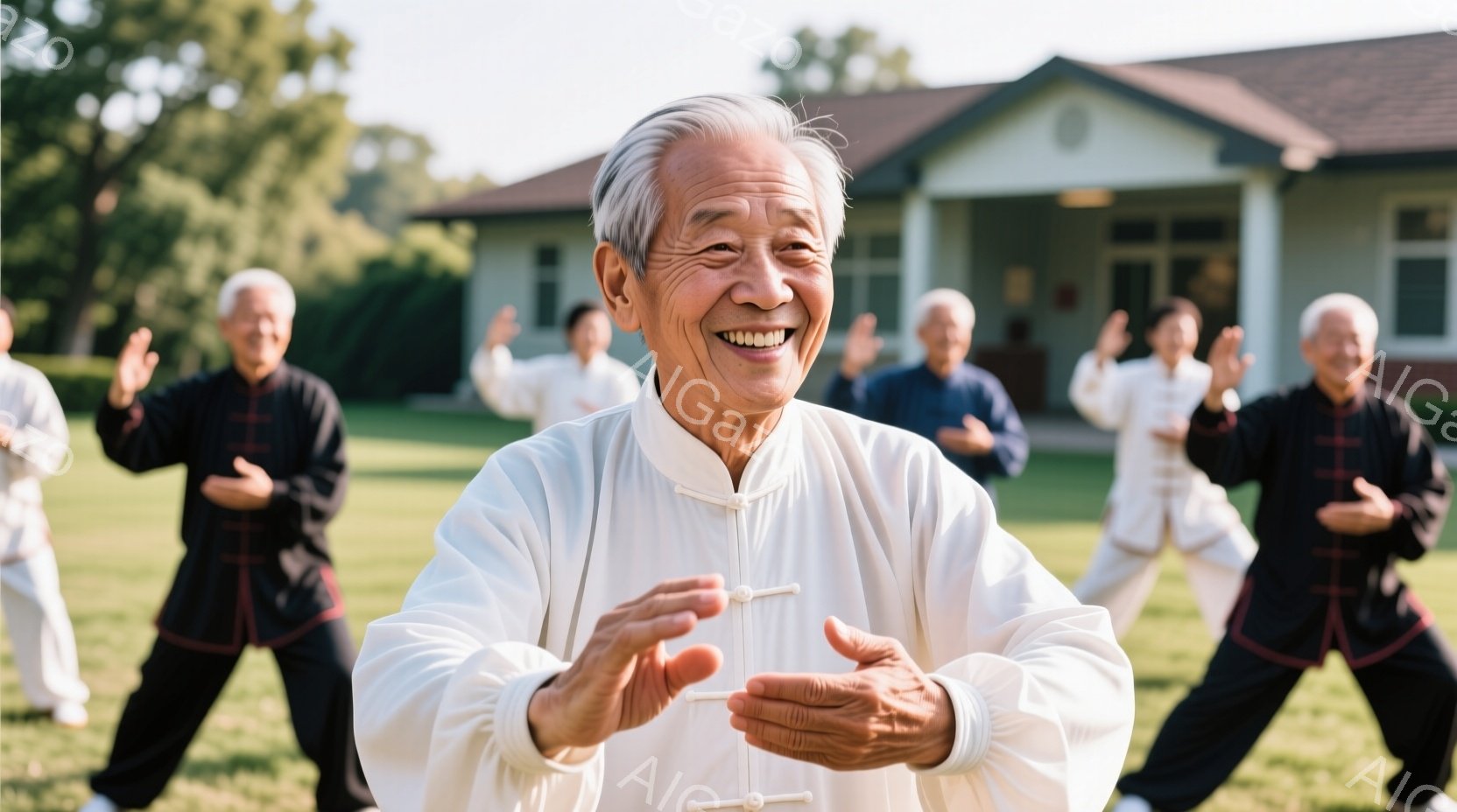 白いカンフー服を着た高齢男性が、笑顔で両手を前に広げ、太極拳のような動きをしています。他の参加者も同様の服装で、背景には緑豊かな芝生と白い建物が見え、晴れた日の穏やかな雰囲気です。参加者たちはリラック - AI生成フリー素材