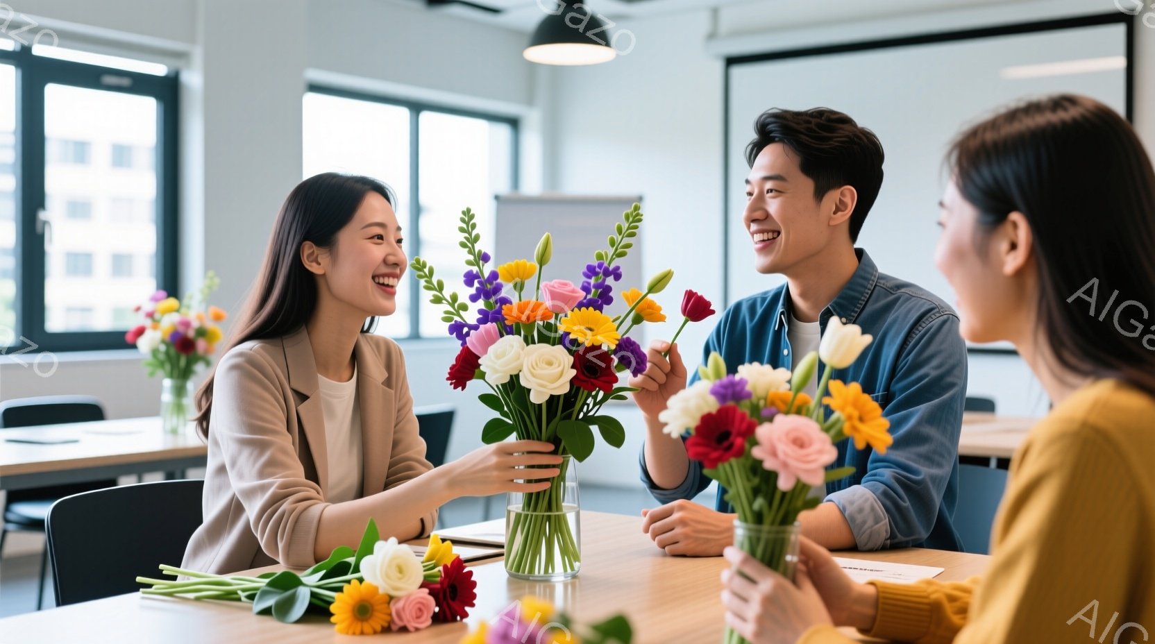 三人の若い女性と男性が明るい室内で花束を交換しています。女性はベージュ色のジャケットを着て微笑み、男性はデニムシャツを着て親しげに手を差し出しています。背景には明るい光が差し込む窓とシンプルな家具が見え、全体的に温かく友好的な雰囲気が漂っています。