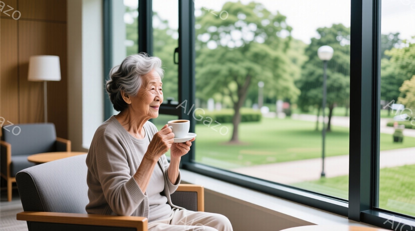 白髪の女性が椅子に座り、窓の外を見ながらカップを手に持っています。彼女はベージュ色のセーターを着ており、穏やかな表情を浮かべています。窓の外には緑豊かな公園が広がり、晴れた日の穏やかな雰囲気が漂ってい - AI生成フリー素材