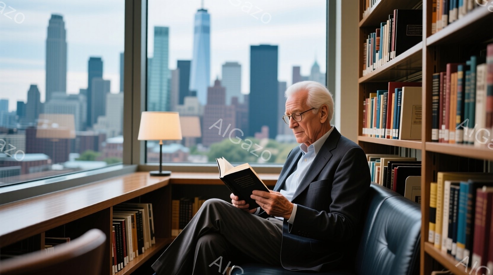 白髪で眼鏡をかけた高齢の男性が、窓際の椅子に座って本を読んでいます。彼は濃い色のスーツと明るい色のシャツを着ており、リラックスした姿勢で読書に集中しています。背景には高層ビル群が広がり、晴れた空と緑の - AI生成フリー素材