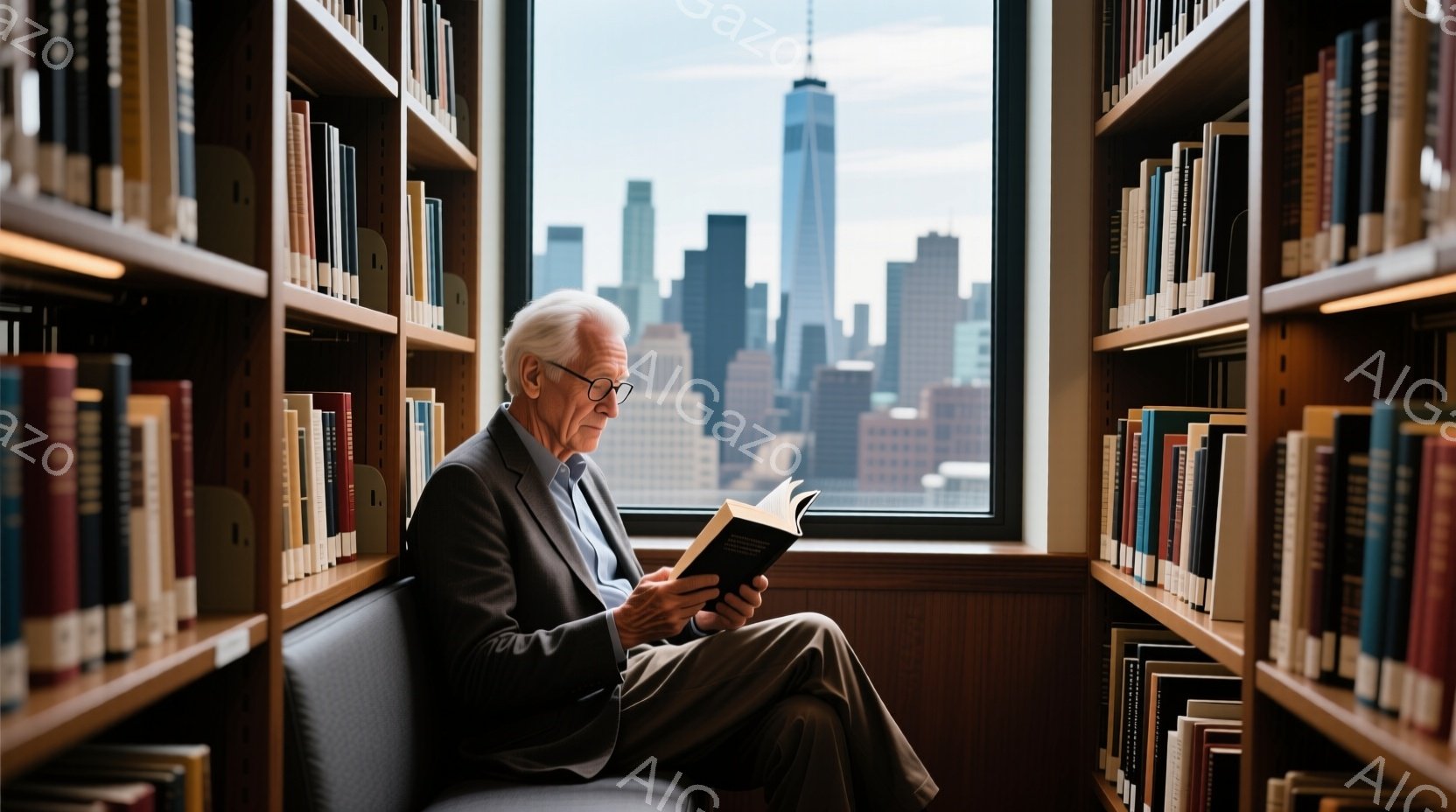 白髪で皺の多い男性が、窓際のソファに座り、本を読んでいます。彼は紺色のスーツにネクタイを締め、知的で落ち着いた印象を与えます。背景には、ニューヨークの高層ビル群が広がり、曇り空の下、静かで思索的な雰囲気が漂っています。
