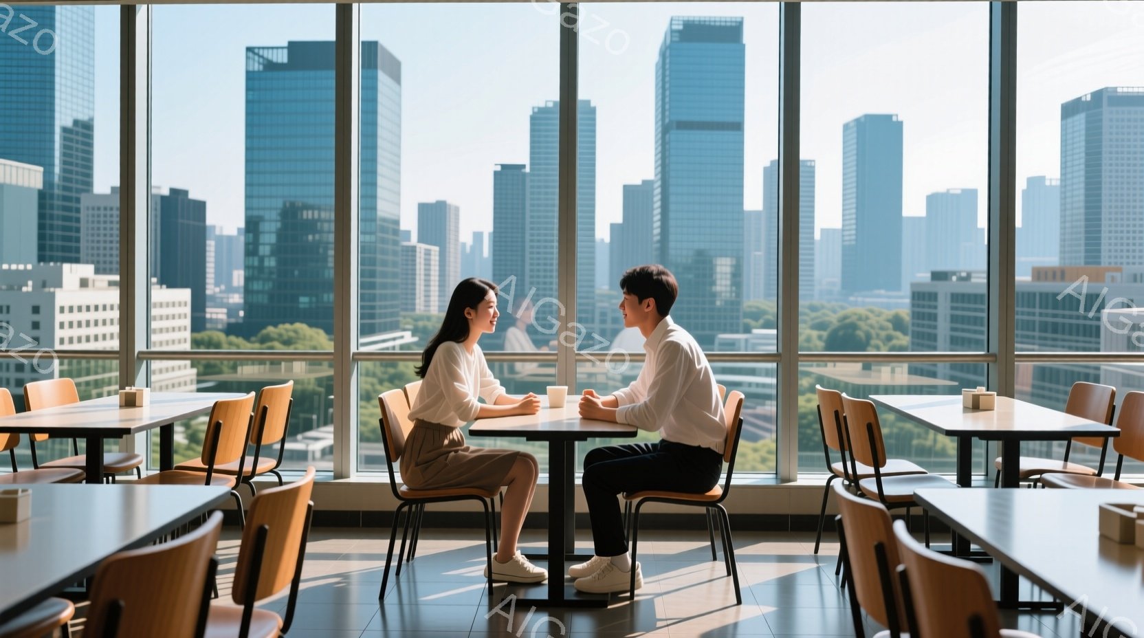 若い男女が大きな窓際のテーブルで向かい合って座り、コーヒーまたは紅茶のような飲み物を手にしている。女性は薄いベージュのスカートと白いブラウスを着ており、男性は濃い青色のパンツと白いシャツを着ている。背 - AI生成フリー素材