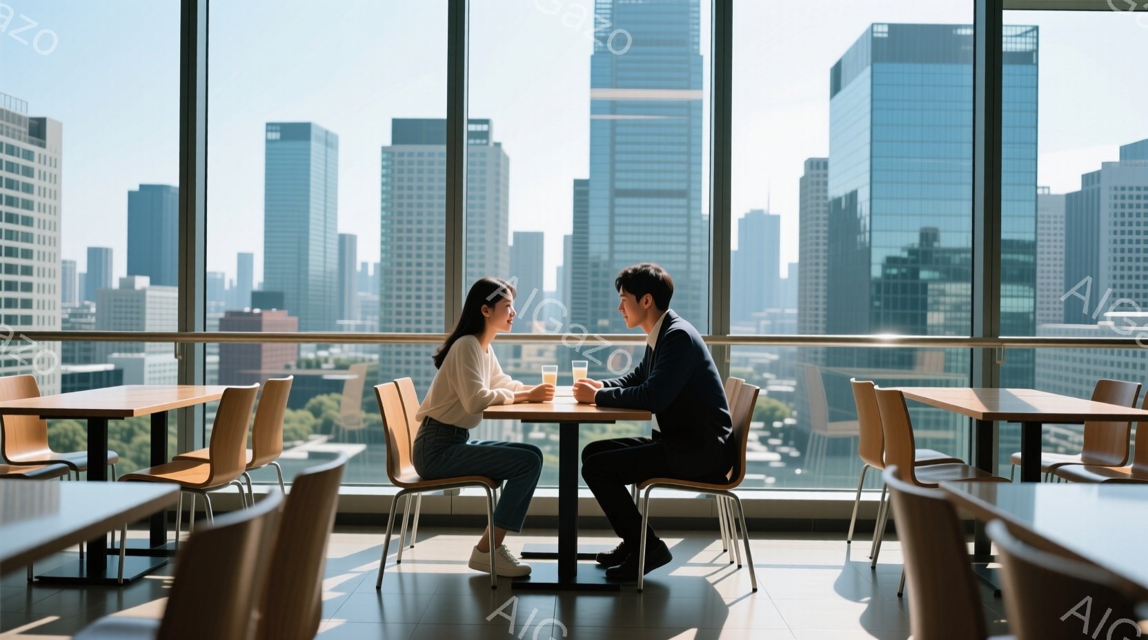 若い女性と男性が、大きな窓のあるカフェで向かい合って座っています。女性は白いシャツにジーンズ姿で、長い髪を後ろに流しています。男性は黒いスーツを着ており、落ち着いた表情で女性を見つめています。 - AI生成フリー素材