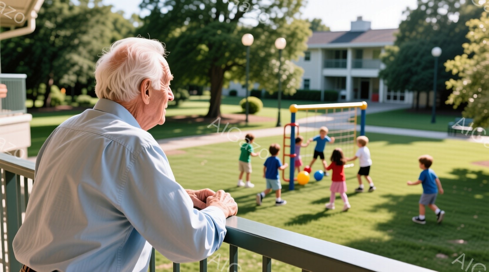 白髪で皺の多い男性がバルコニーの手すりに寄りかかり、子供たちが遊んでいる庭を見下ろしている。彼は水色のシャツを着ており、横顔からは穏やかな表情が伺える。背景には緑豊かな芝生と、白い建物、そして晴れた空 - AI生成フリー素材