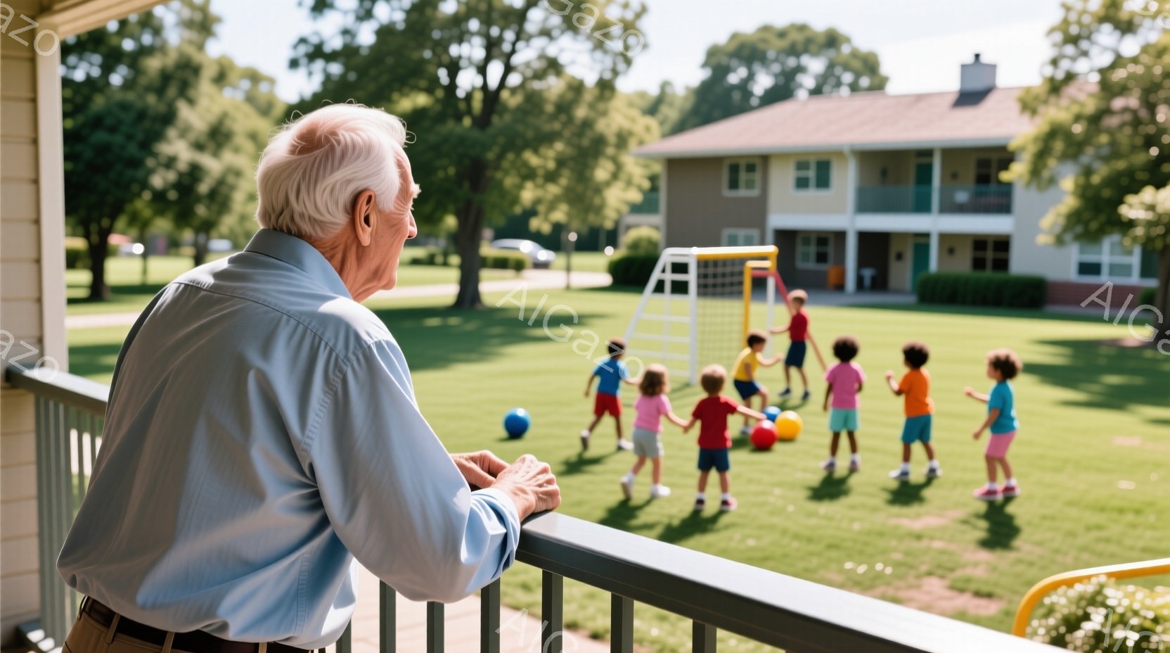 白髪の男性がバルコニーの手すりに寄りかかり、子供たちが遊ぶ広い緑の芝生を見下ろしています。男性は水色のシャツを着ており、後ろ姿からは穏やかな表情が想像できます。背景には白壁の建物が並び、晴れた日の穏や - AI生成フリー素材