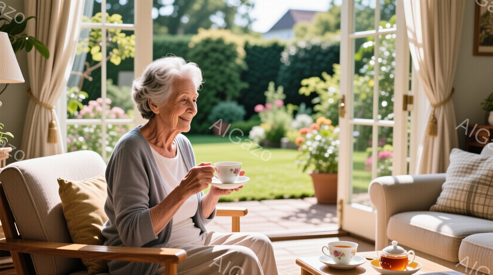 白髪の女性が、明るいリビングルームで椅子に座り、カップとソーサーを持っています。彼女はグレーのセーターを着ており、わずかに微笑んで庭を見つめています。背景には緑豊かな庭園と、開いたフランス窓が見え、穏 - AI生成フリー素材