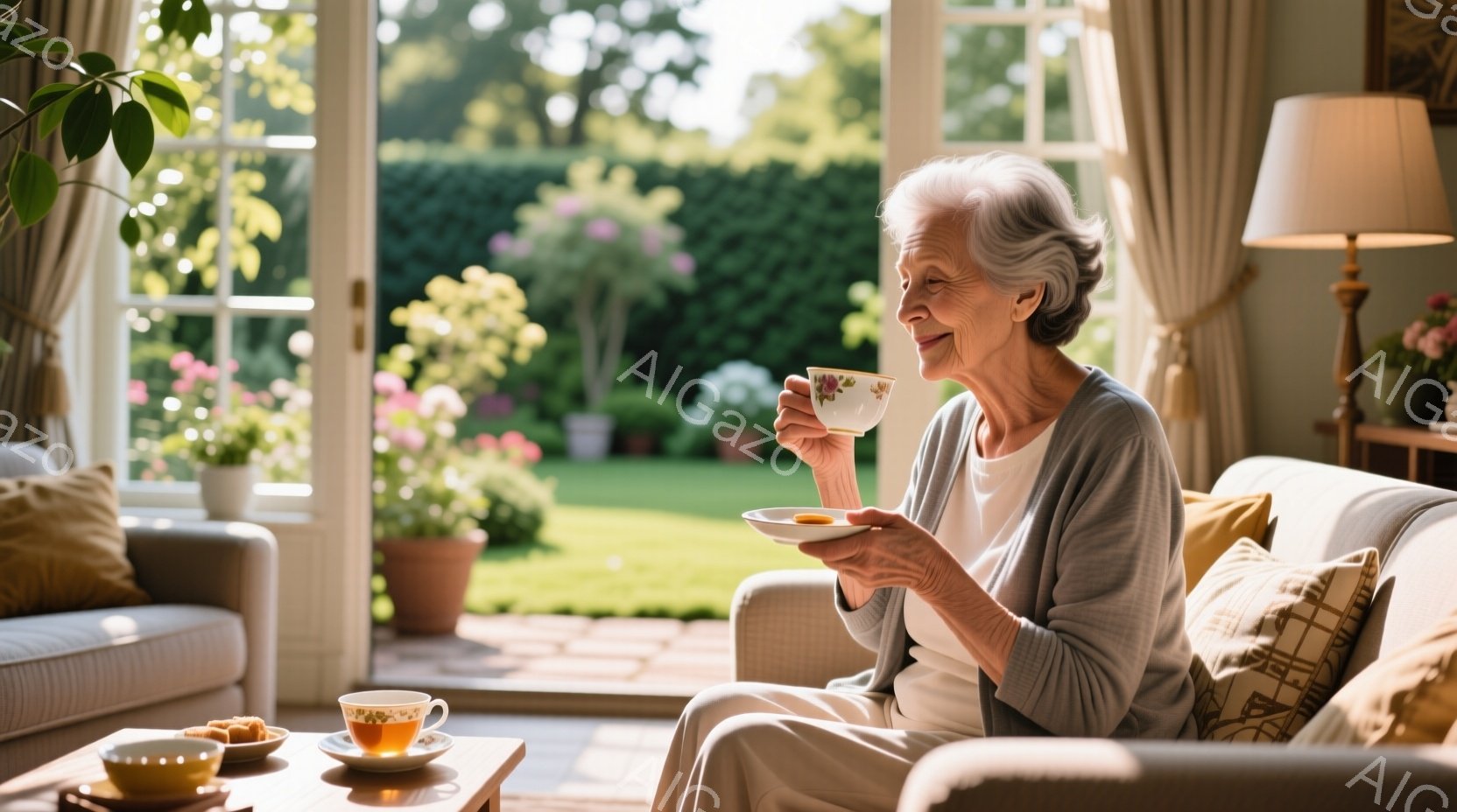 白髪の女性が、明るいリビングでティーカップを手に微笑んでいます。彼女は薄いグレーのセーターとベージュのパンツを身に着け、リラックスした姿勢でソファに座っています。背景には緑豊かな庭園が広がり、窓から差し込む光が穏やかな雰囲気を醸し出しています。